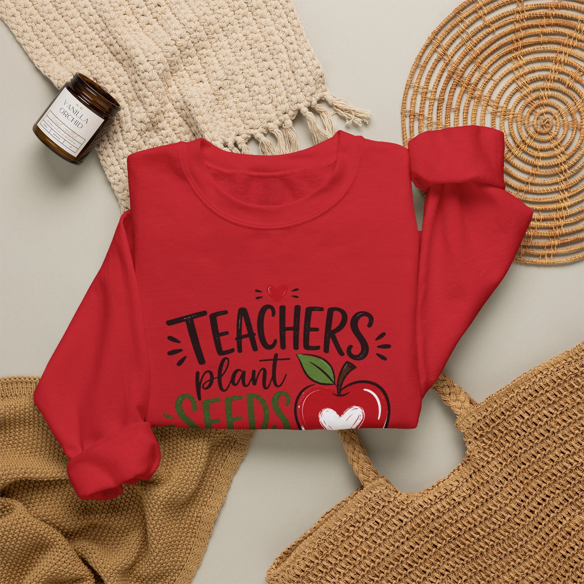 Teacher Sweatshirt — "Teachers Plant Seeds That Grow Forever" Apple Crewneck (Growing Hearts & Minds)