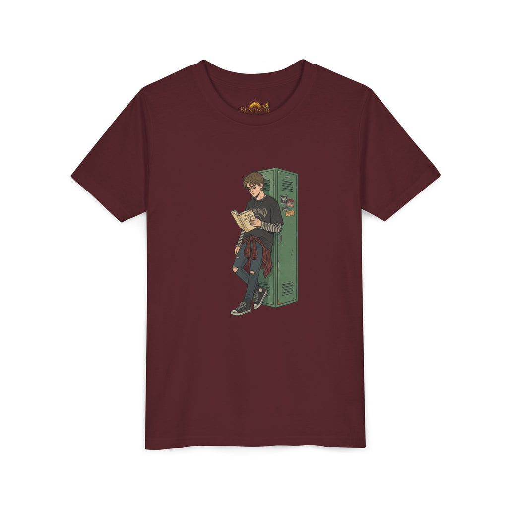 Youth Graphic Tee — Teen Boy Reading by Locker Illustration