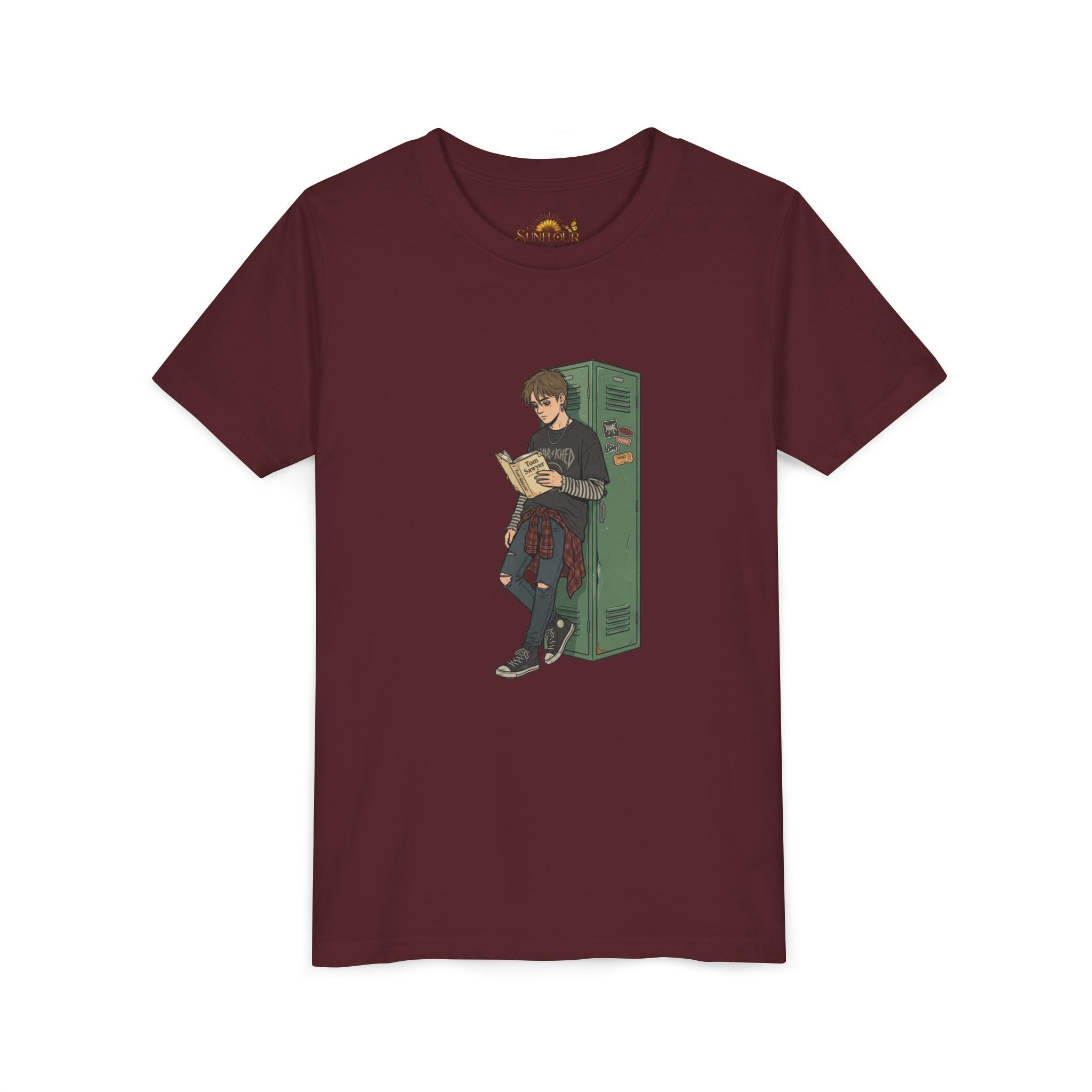 Youth Graphic Tee — Teen Boy Reading by Locker Illustration