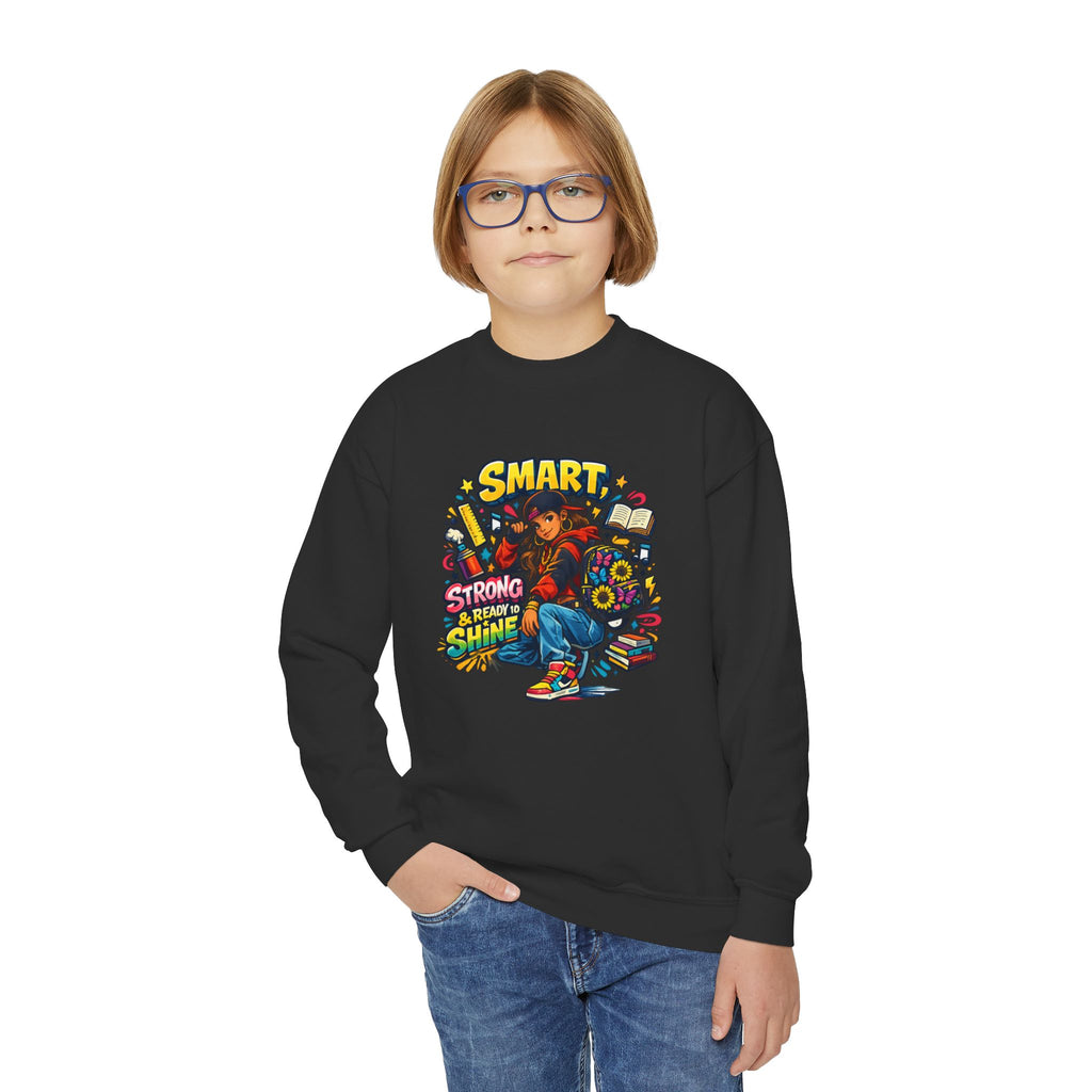 Youth Crewneck Sweatshirt — "Smart, Strong & Brave" Colorful Skateboard Graphic