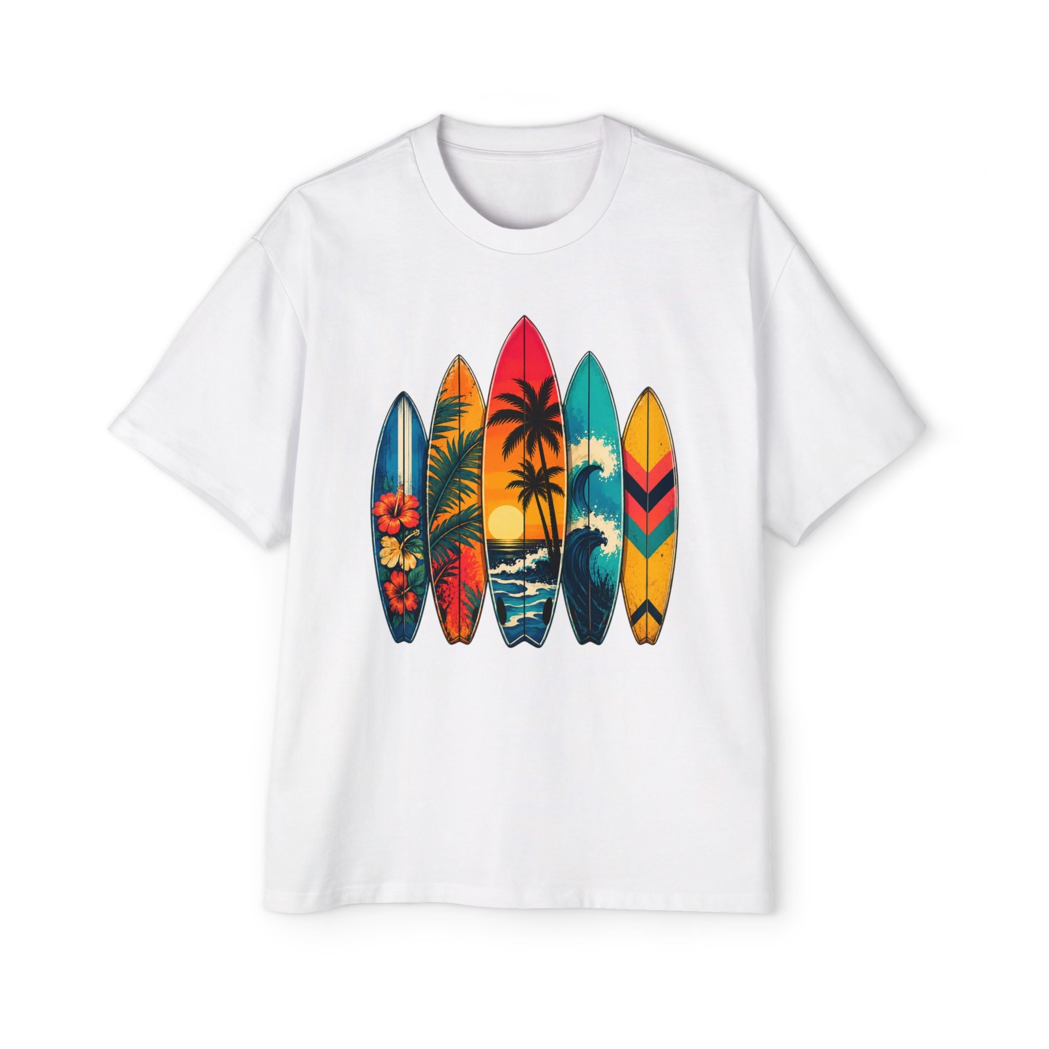 Surfboard Graphic Tee — Vintage Tropical Beach Shirt for Men
