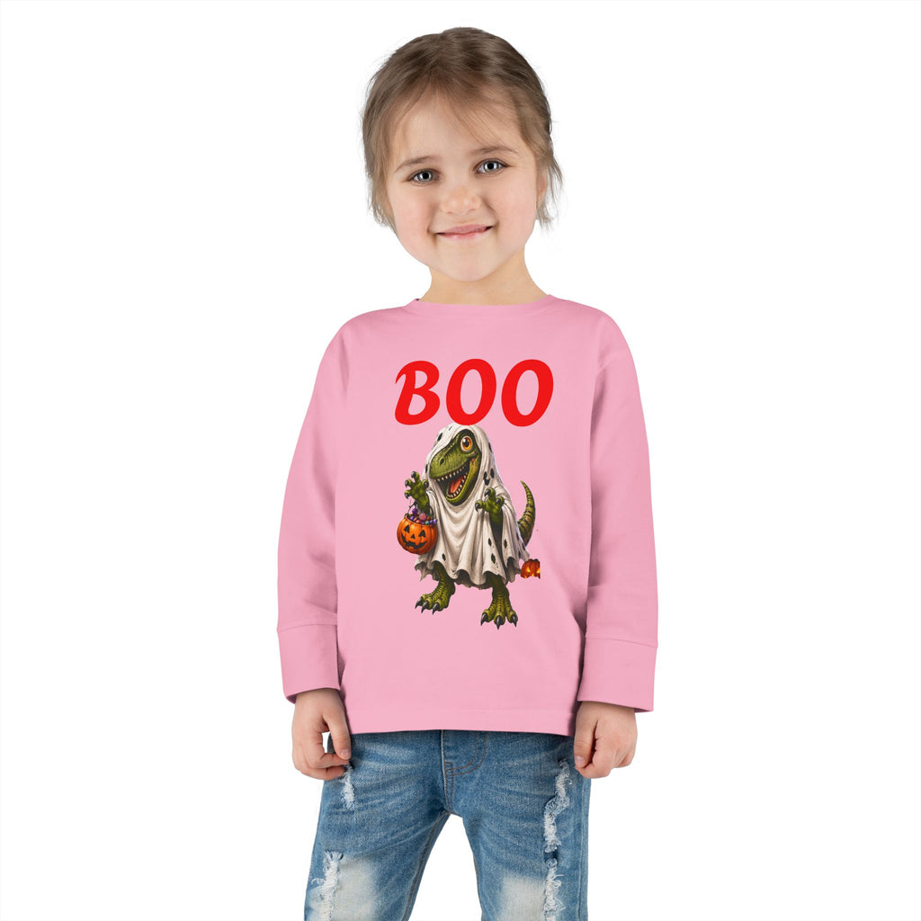 Halloween Toddler Long Sleeve Tee — Cute Dinosaur Ghost "BOO!" Halloween Shirt