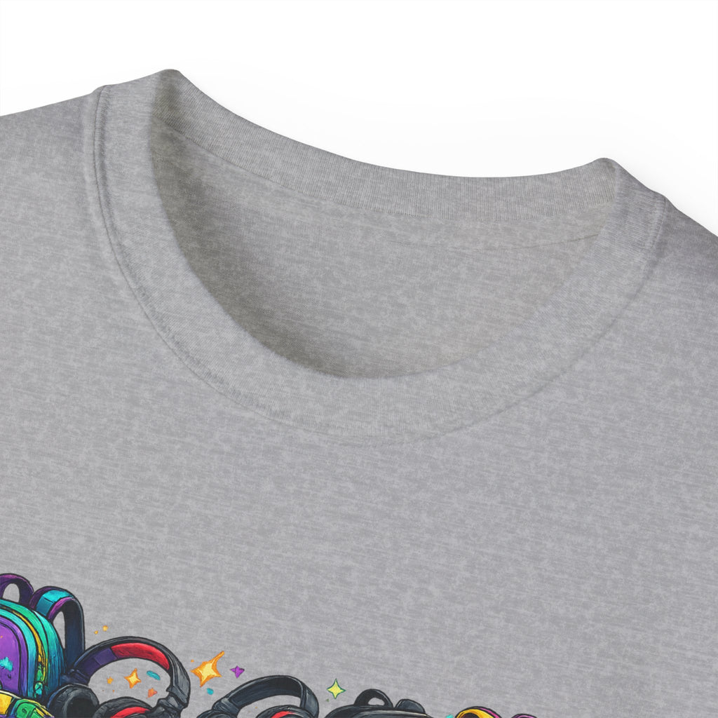 Colorful Sneaker Stack Tee — Graphic Shoe & Backpack Illustration T‑Shirt