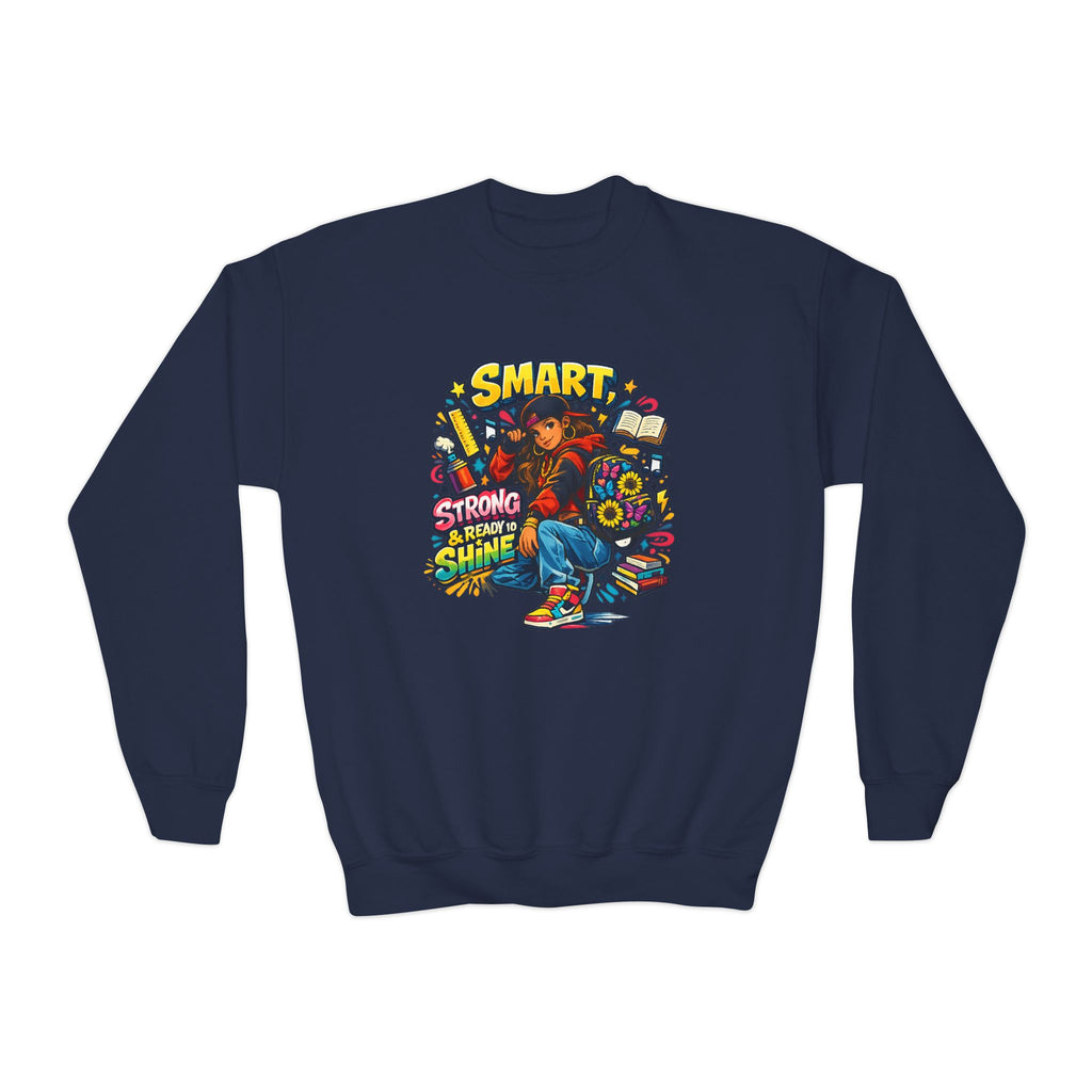 Youth Crewneck Sweatshirt — "Smart, Strong & Brave" Colorful Skateboard Graphic