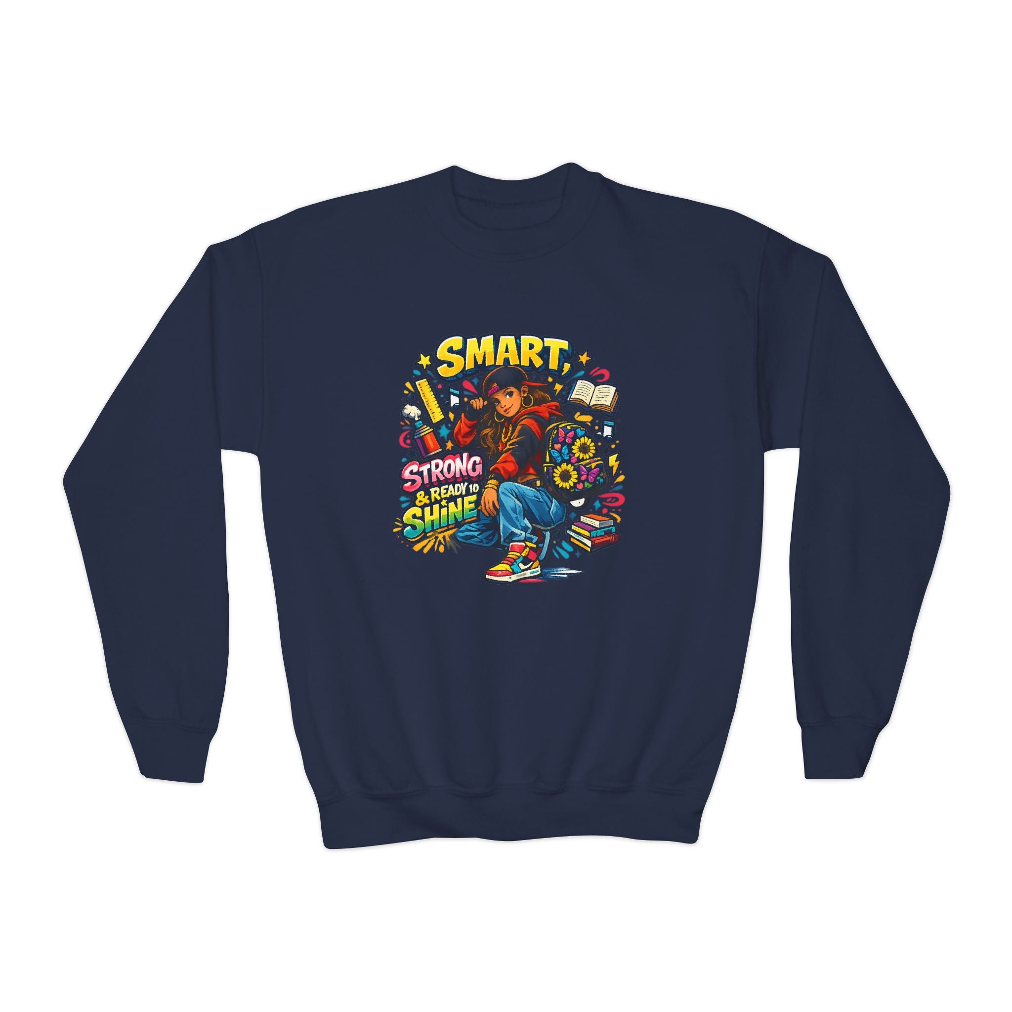 Youth Crewneck Sweatshirt — "Smart, Strong & Brave" Colorful Skateboard Graphic