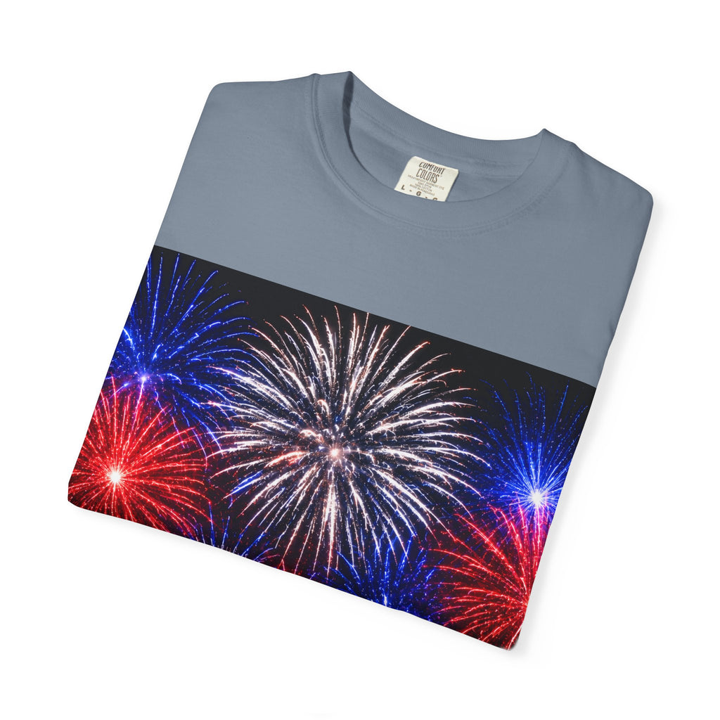 Fireworks Celebration T-Shirt — Red, White & Blue Festival Graphic