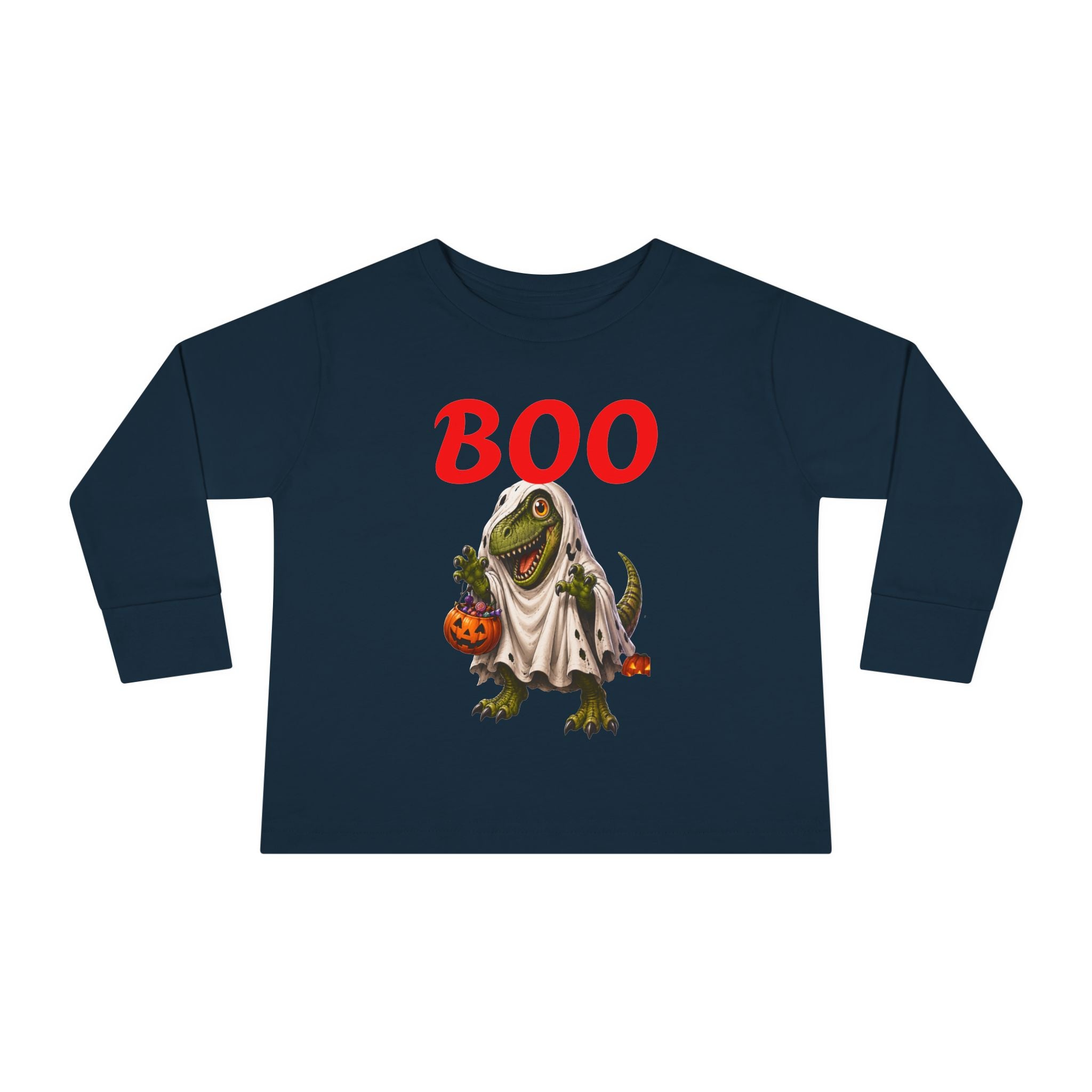 Halloween Toddler Long Sleeve Tee — Cute Dinosaur Ghost "BOO!" Halloween Shirt