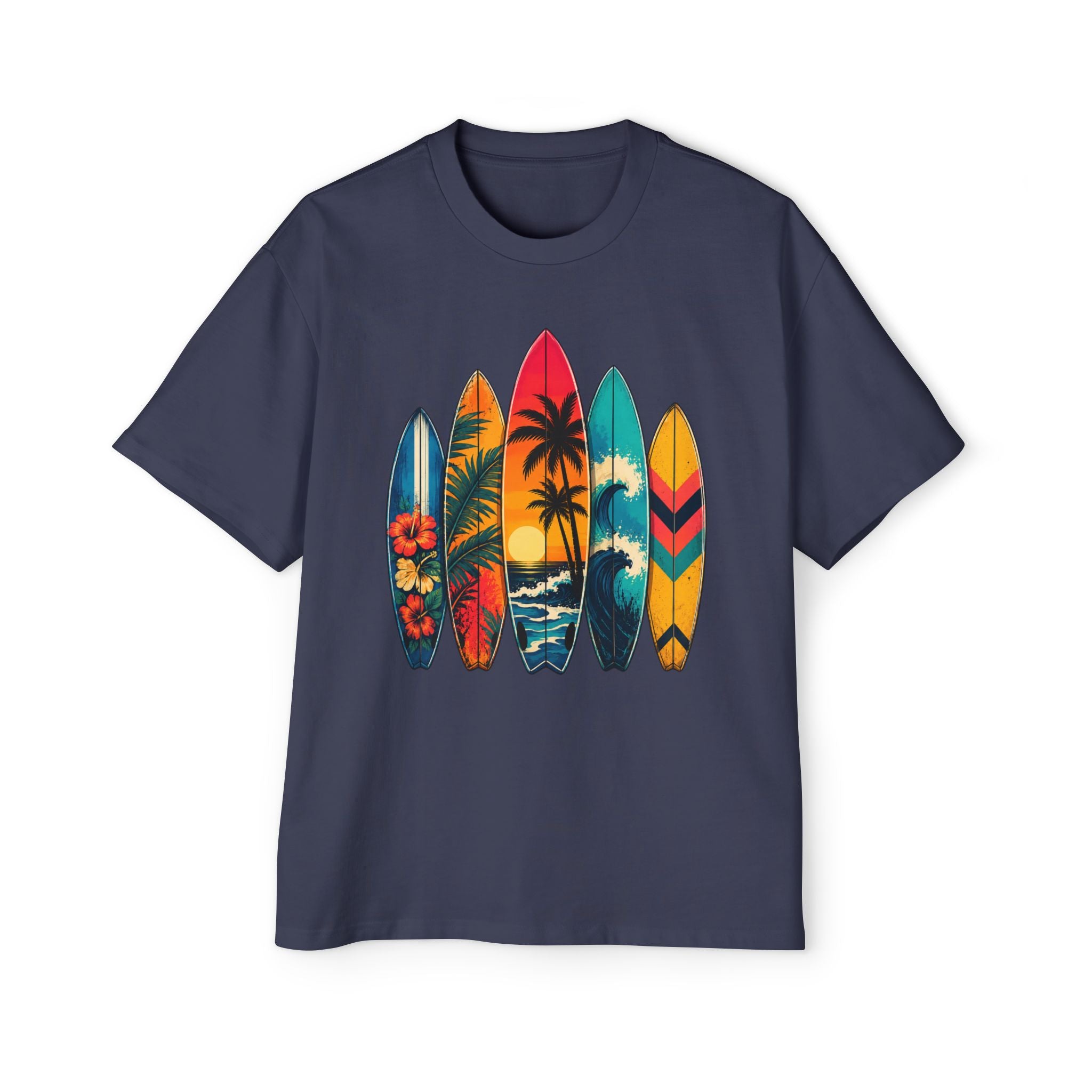 Surfboard Graphic Tee — Vintage Tropical Beach Shirt for Men