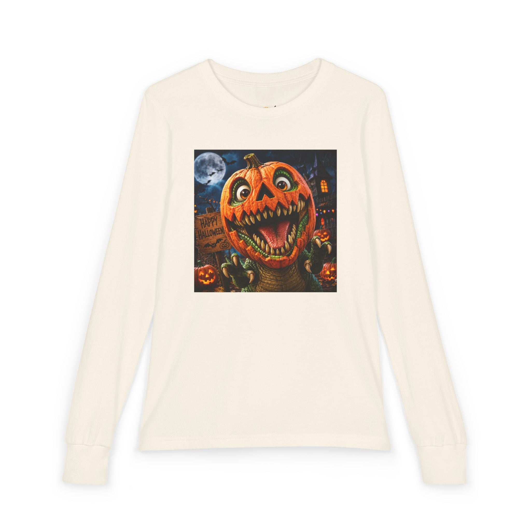 Youth Long Sleeve Tee — Spooky Dinosaur Jack-O'-Lantern Halloween Shirt (Custom Name)