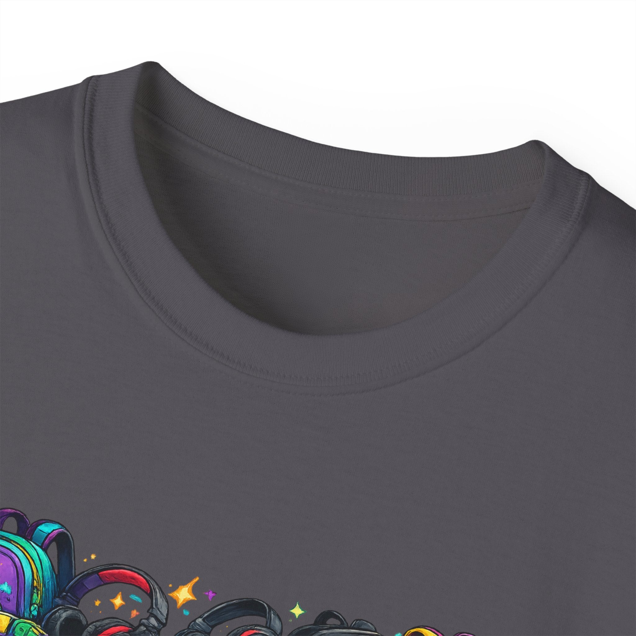 Colorful Sneaker Stack Tee — Graphic Shoe & Backpack Illustration T‑Shirt