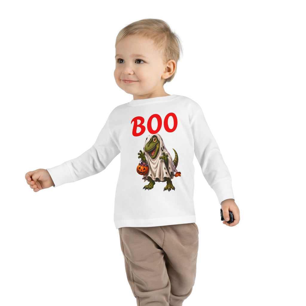 Halloween Toddler Long Sleeve Tee — Cute Dinosaur Ghost "BOO!" Halloween Shirt