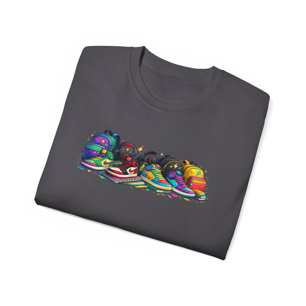 Colorful Sneaker Stack Tee — Graphic Shoe & Backpack Illustration T‑Shirt