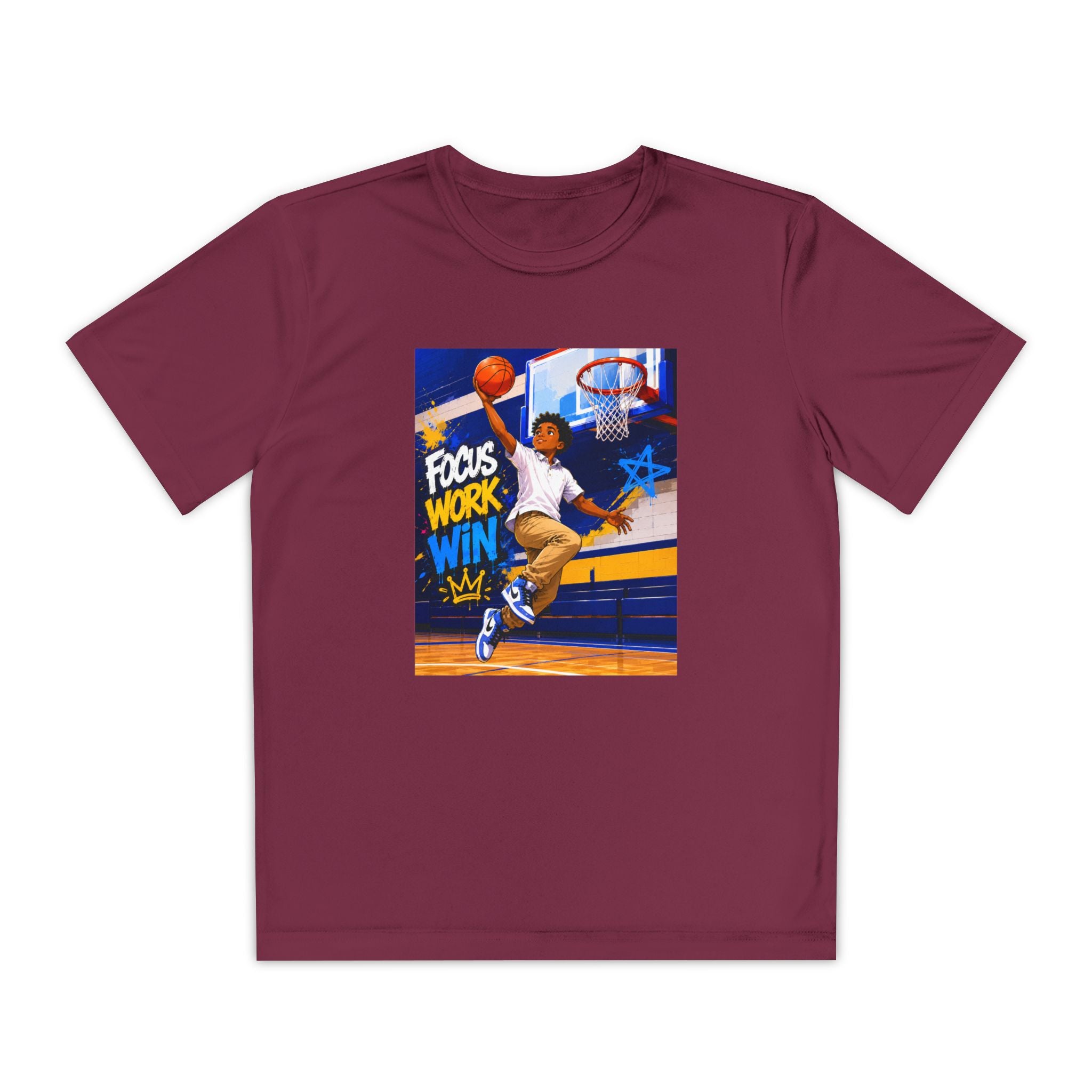 Youth Basketball Tee, Back to School — "Focus Work Win" Personalized Name Jersey
