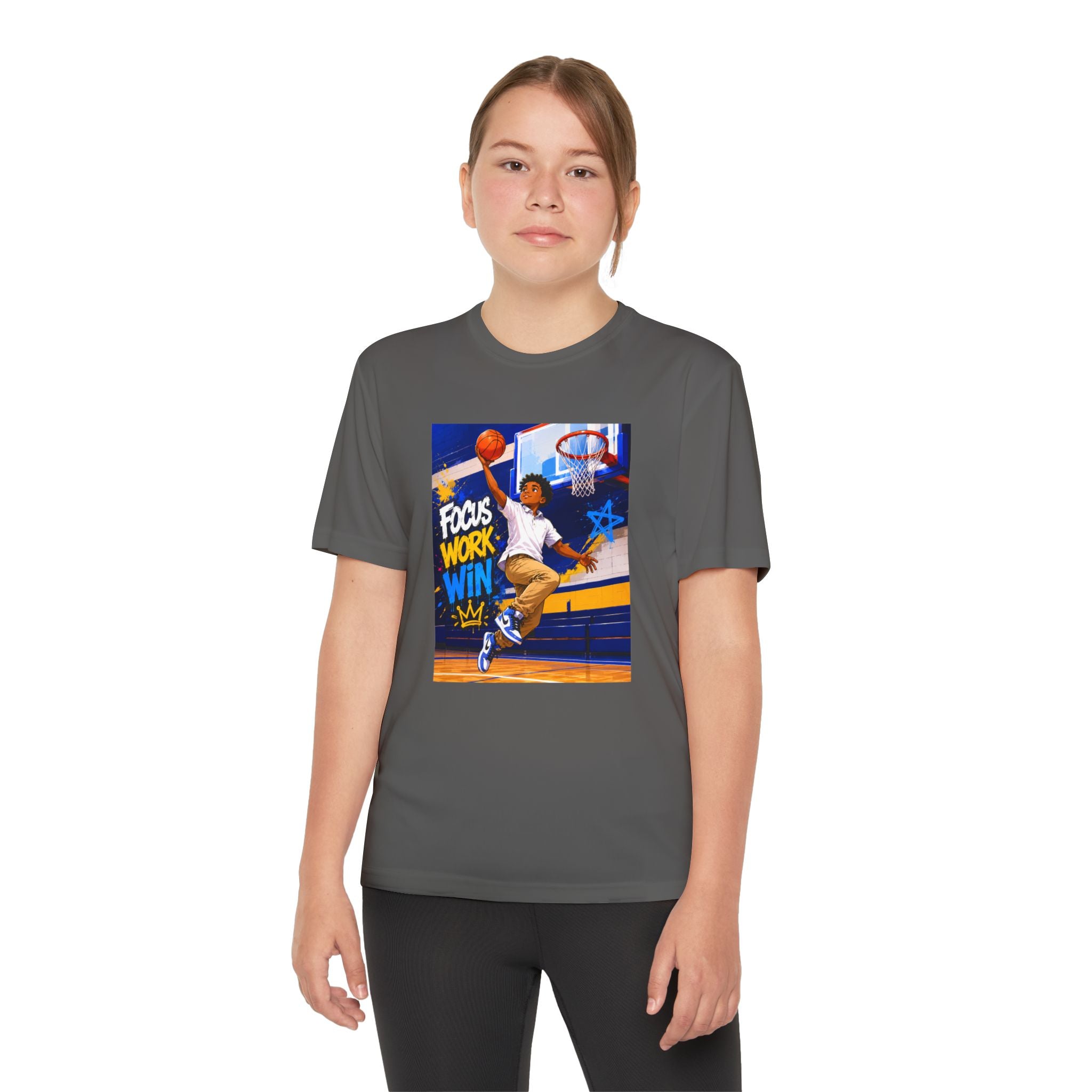 Youth Basketball Tee, Back to School — "Focus Work Win" Personalized Name Jersey