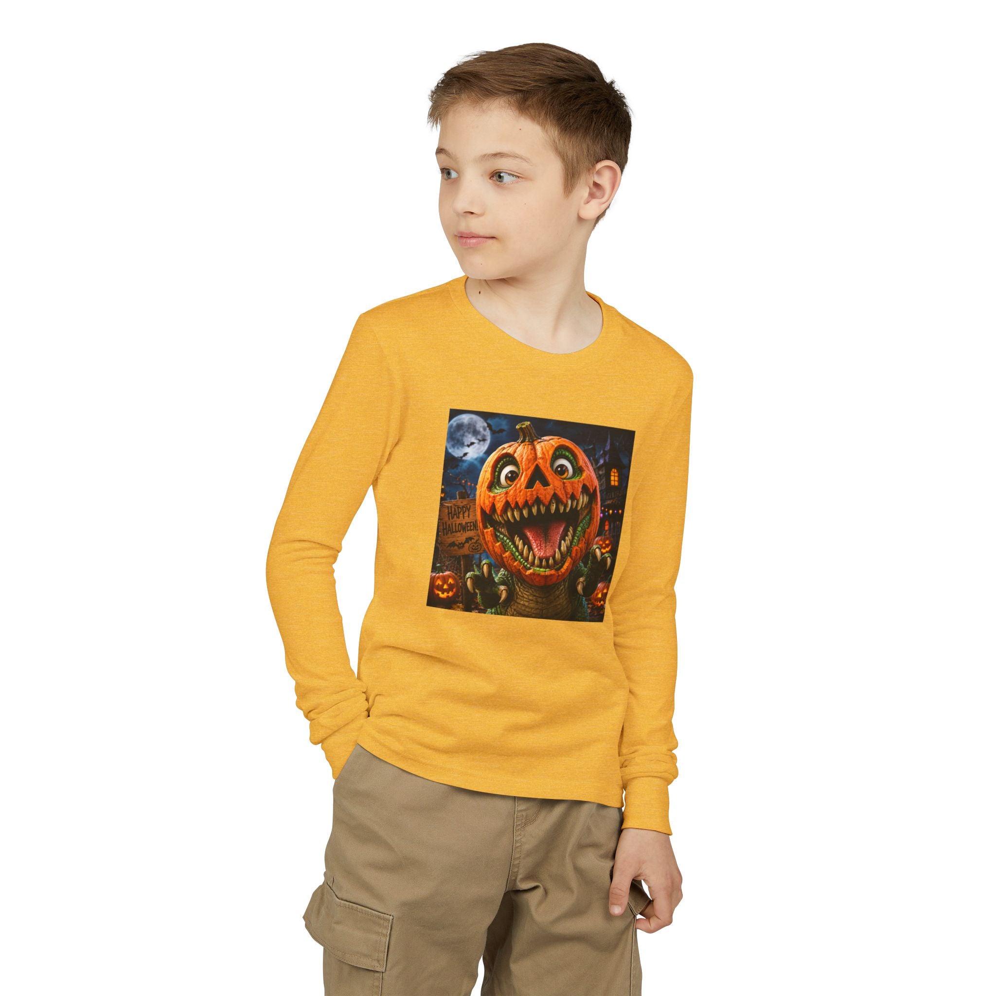 Youth Long Sleeve Tee — Spooky Dinosaur Jack-O'-Lantern Halloween Shirt (Custom Name)