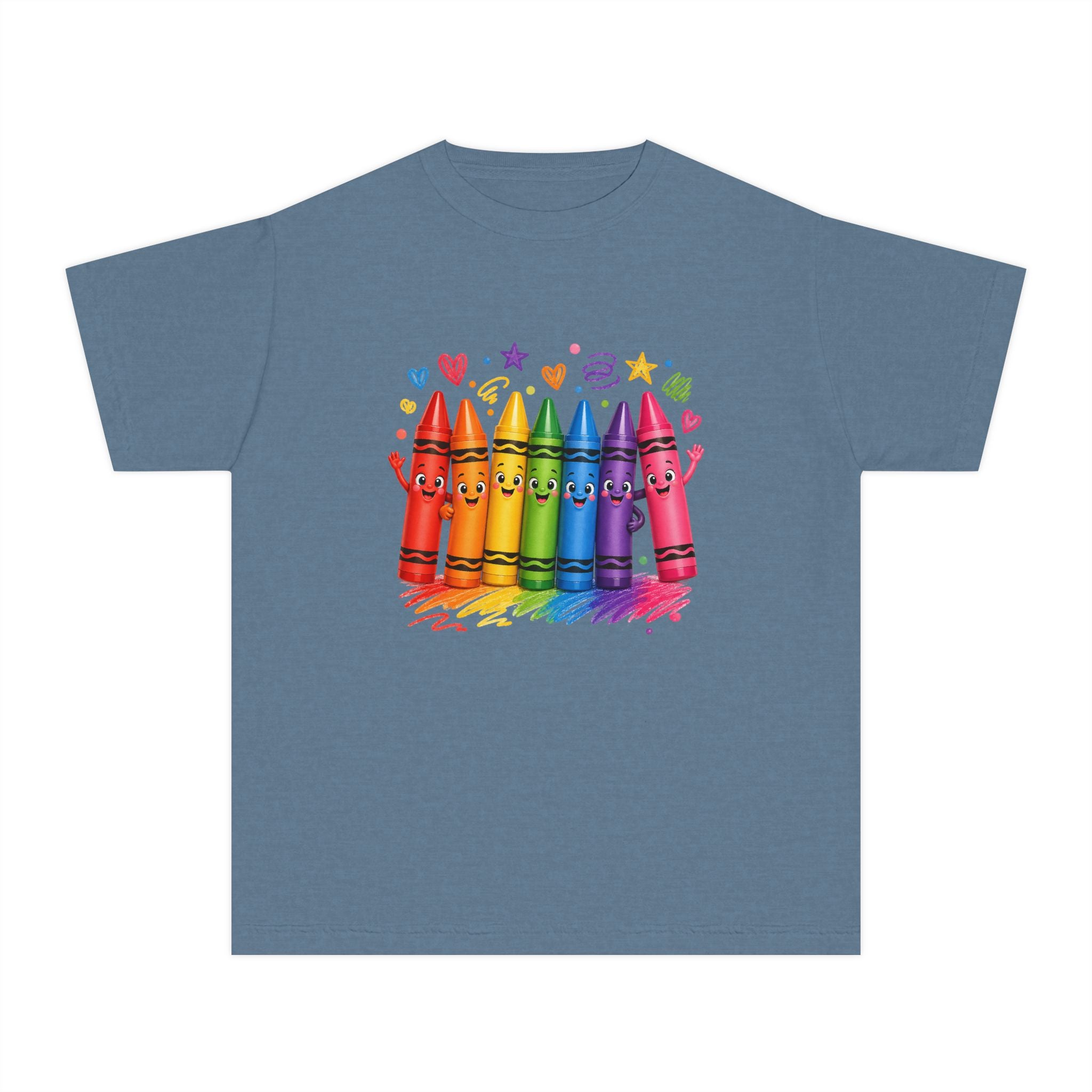 Crayon Crew Kids T‑Shirt — Colorful Rainbow Crayon Friends Tee