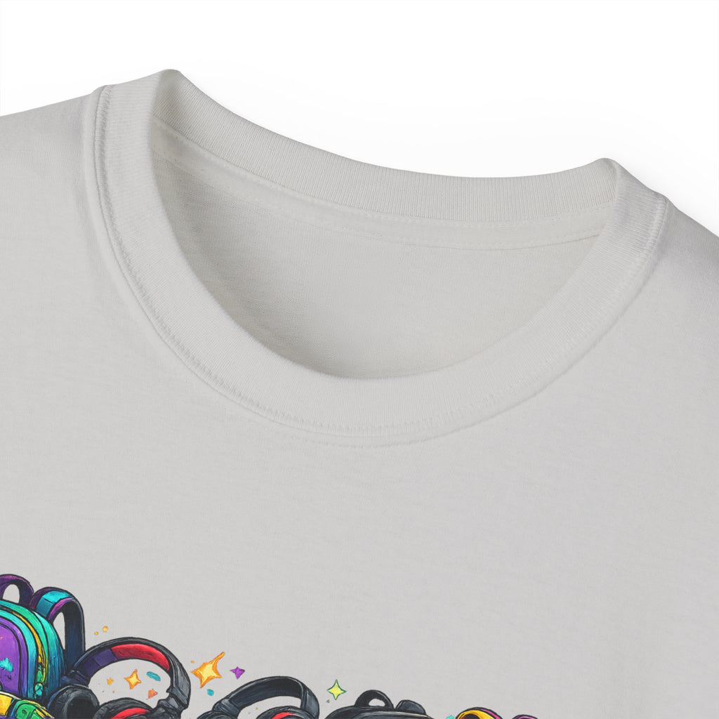 Colorful Sneaker Stack Tee — Graphic Shoe & Backpack Illustration T‑Shirt