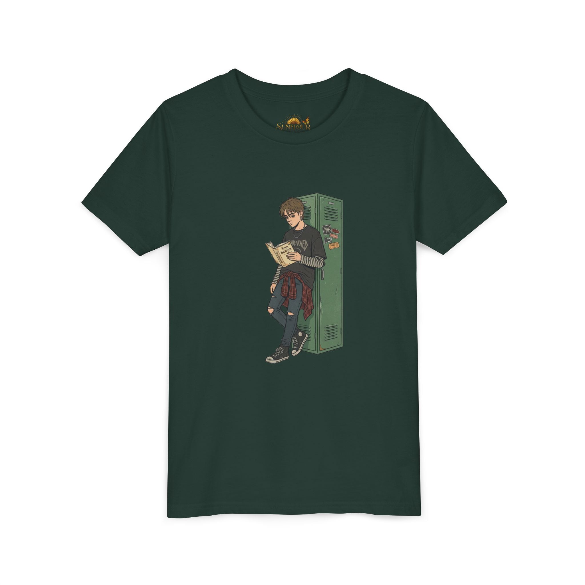 Youth Graphic Tee — Teen Boy Reading by Locker Illustration