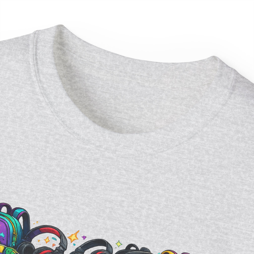 Colorful Sneaker Stack Tee — Graphic Shoe & Backpack Illustration T‑Shirt