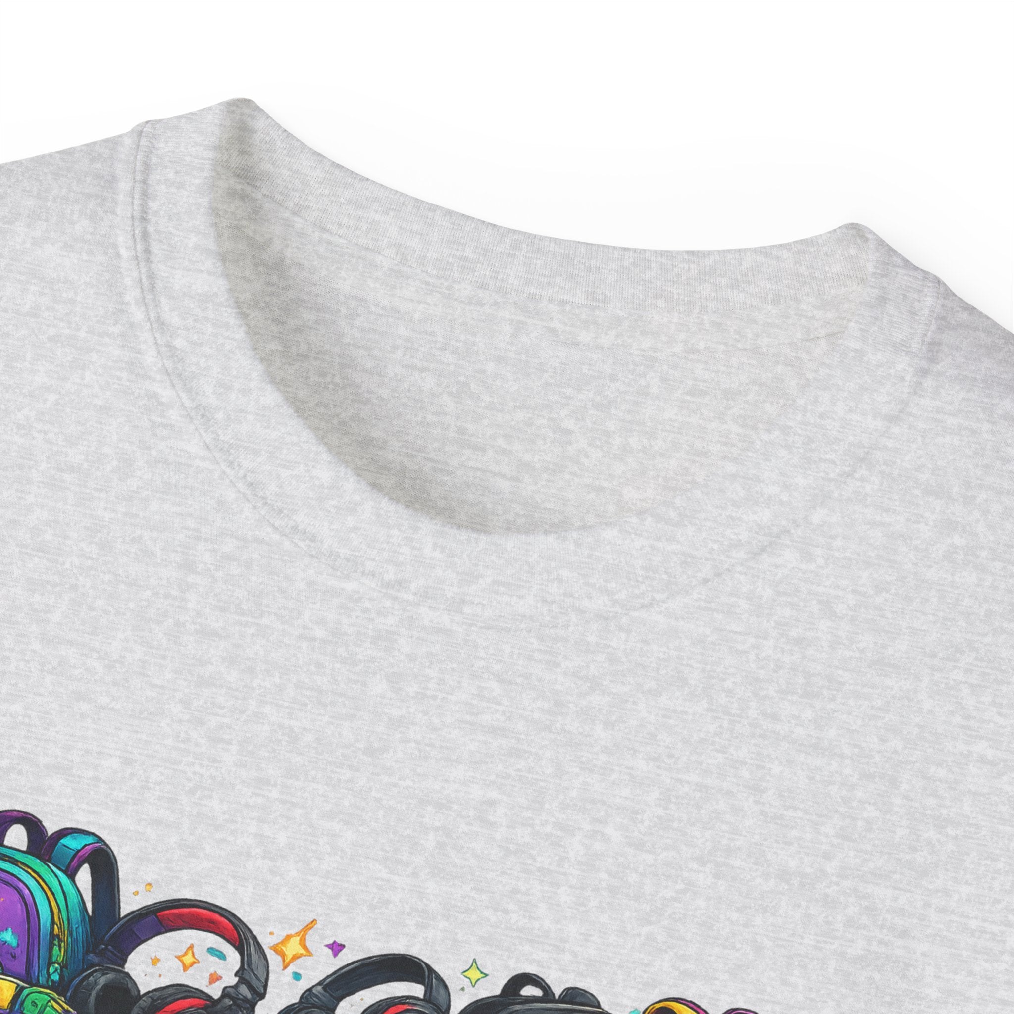 Colorful Sneaker Stack Tee — Graphic Shoe & Backpack Illustration T‑Shirt
