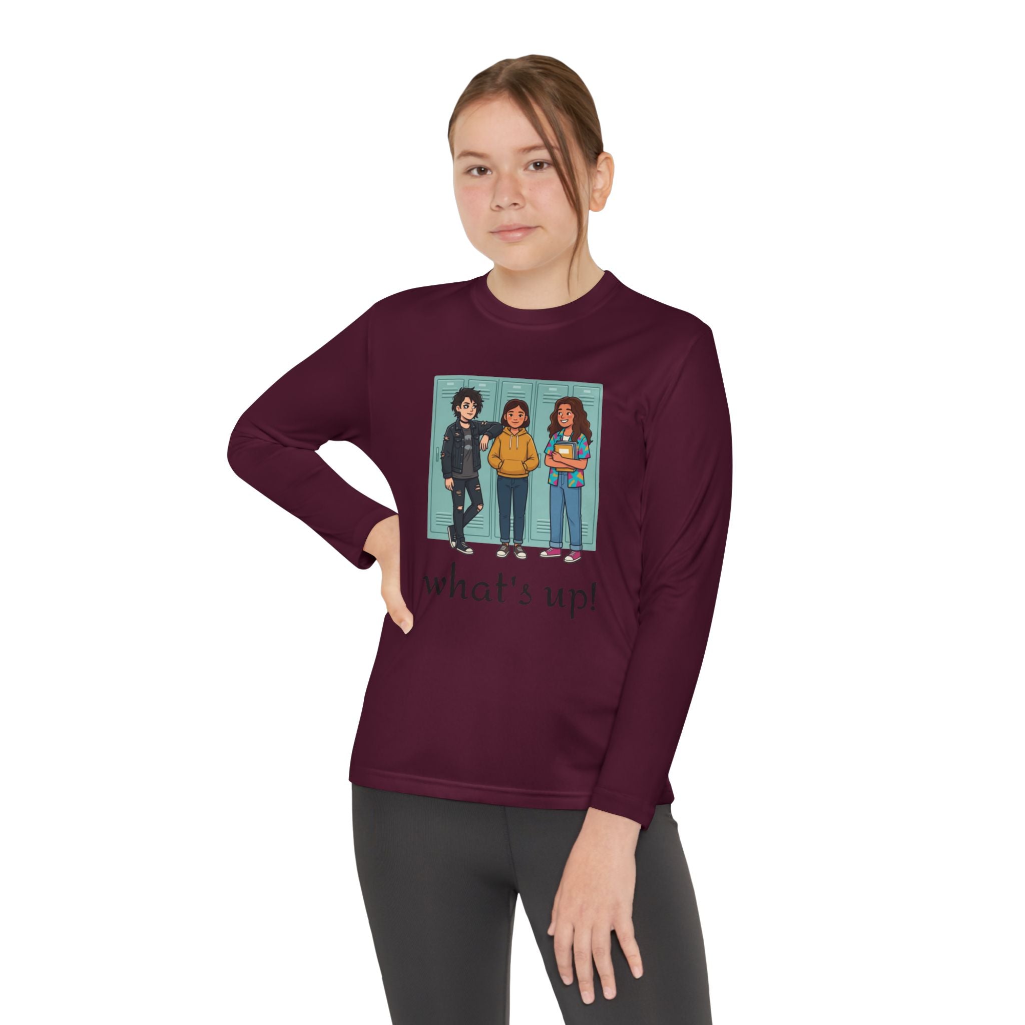 Youth Long Sleeve Tee — "what's up!" Illustrated Friends Graphic