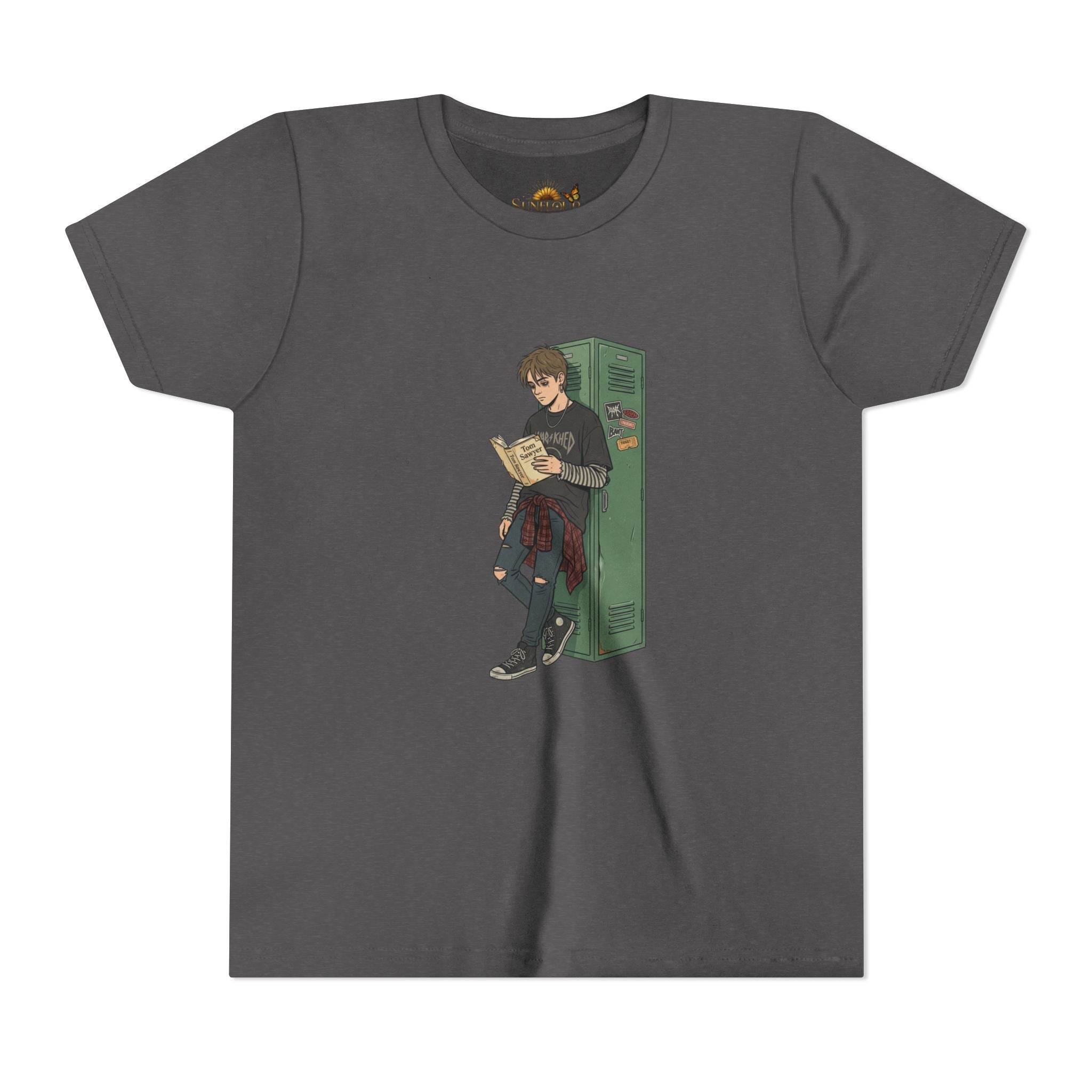 Youth Graphic Tee — Teen Boy Reading by Locker Illustration