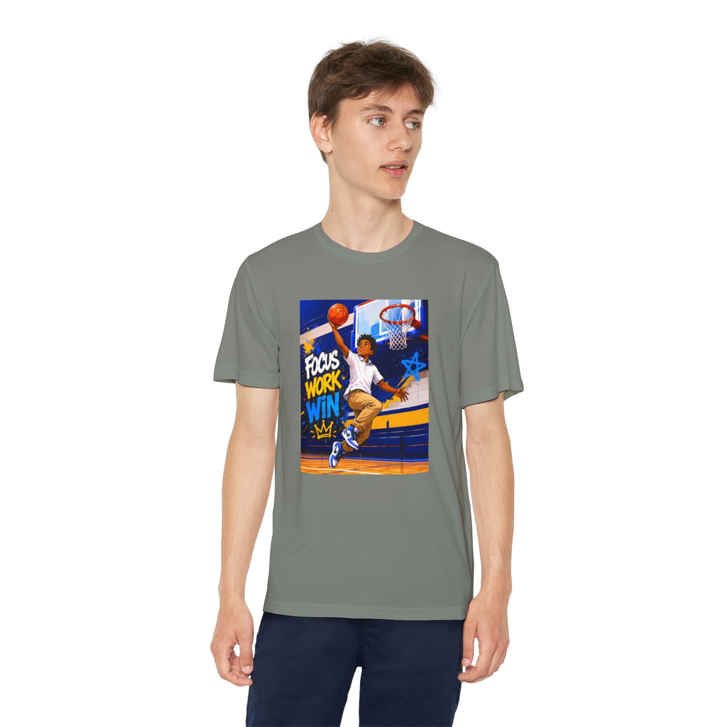 Youth Basketball Tee, Back to School — "Focus Work Win" Personalized Name Jersey