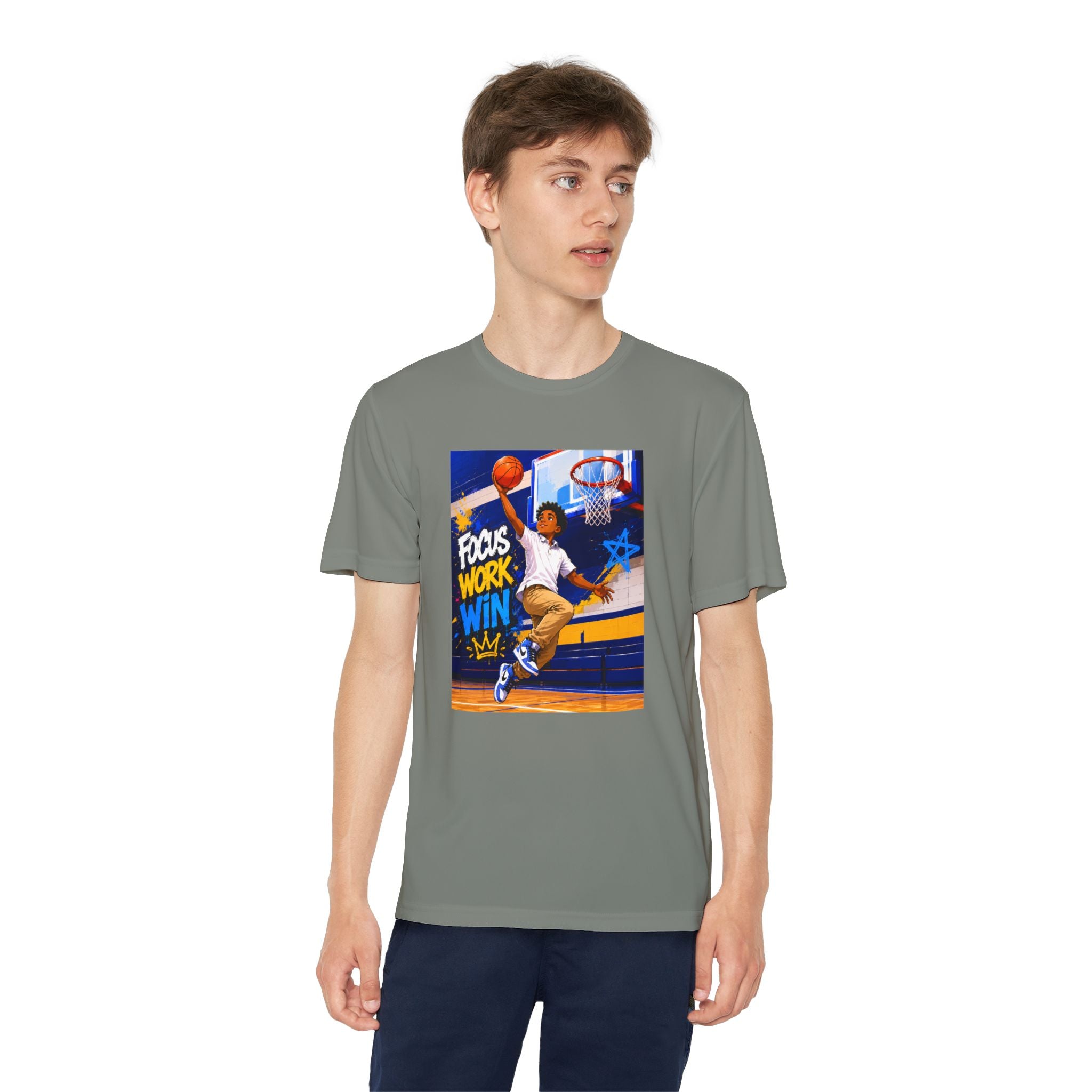 Youth Basketball Tee, Back to School — "Focus Work Win" Personalized Name Jersey