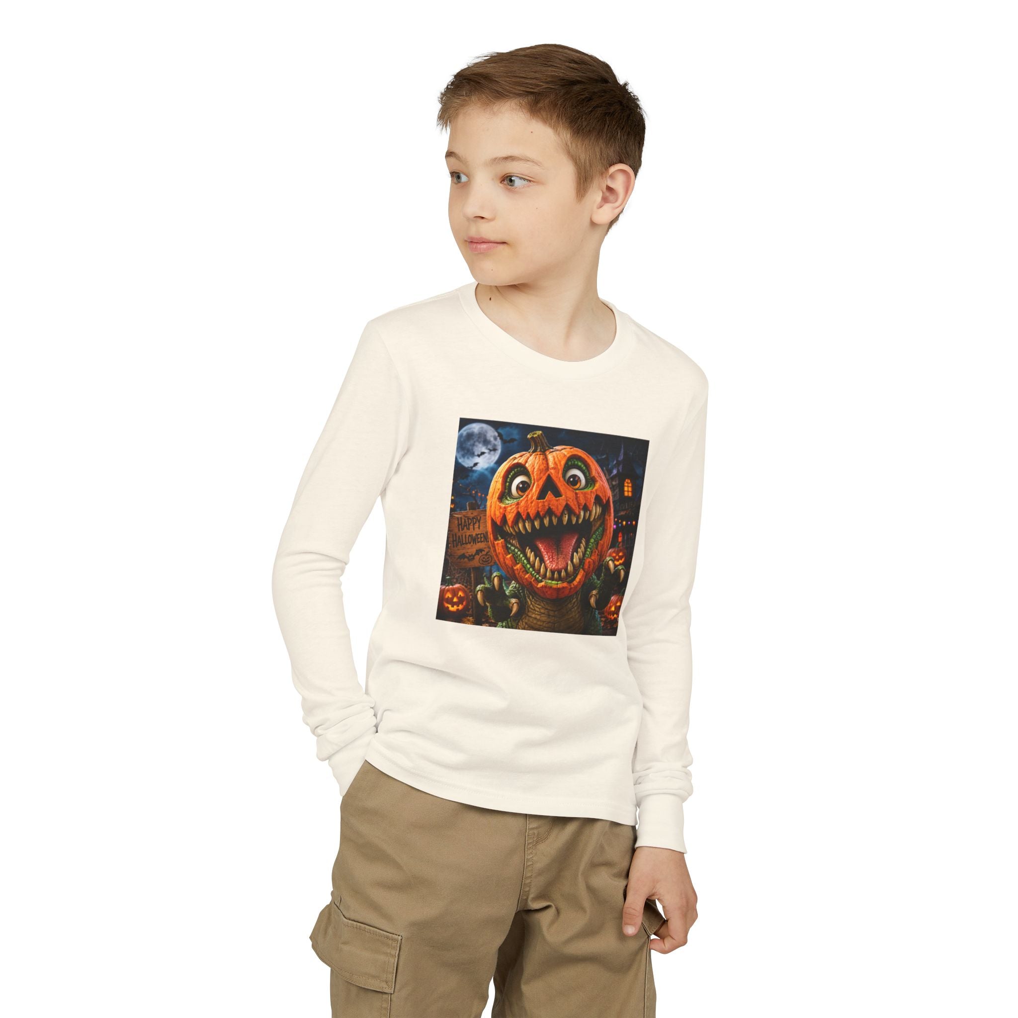 Youth Long Sleeve Tee — Spooky Dinosaur Jack-O'-Lantern Halloween Shirt (Custom Name)