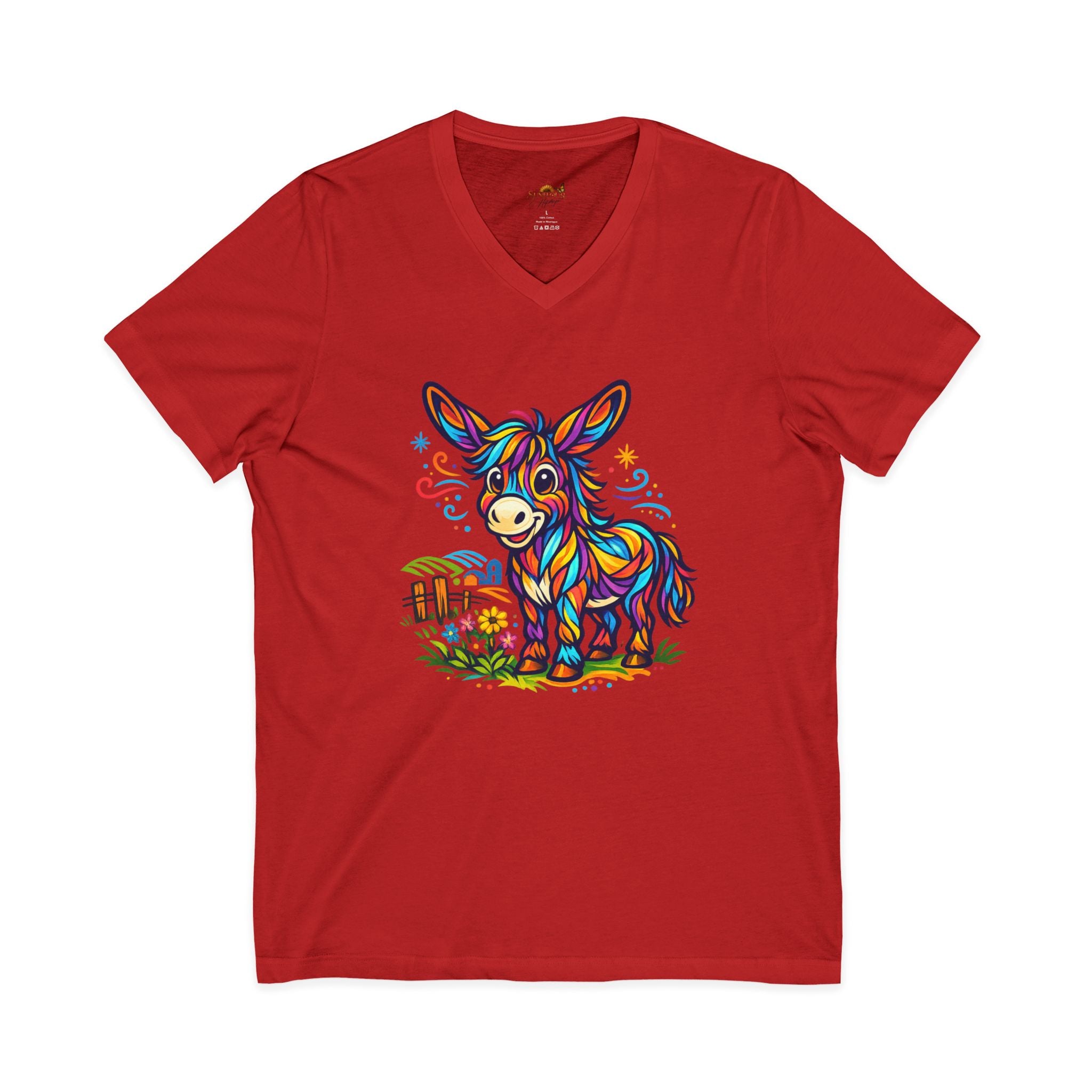 Colorful Donkey V-Neck Tee — Whimsical Farm Animal Graphic Shirt