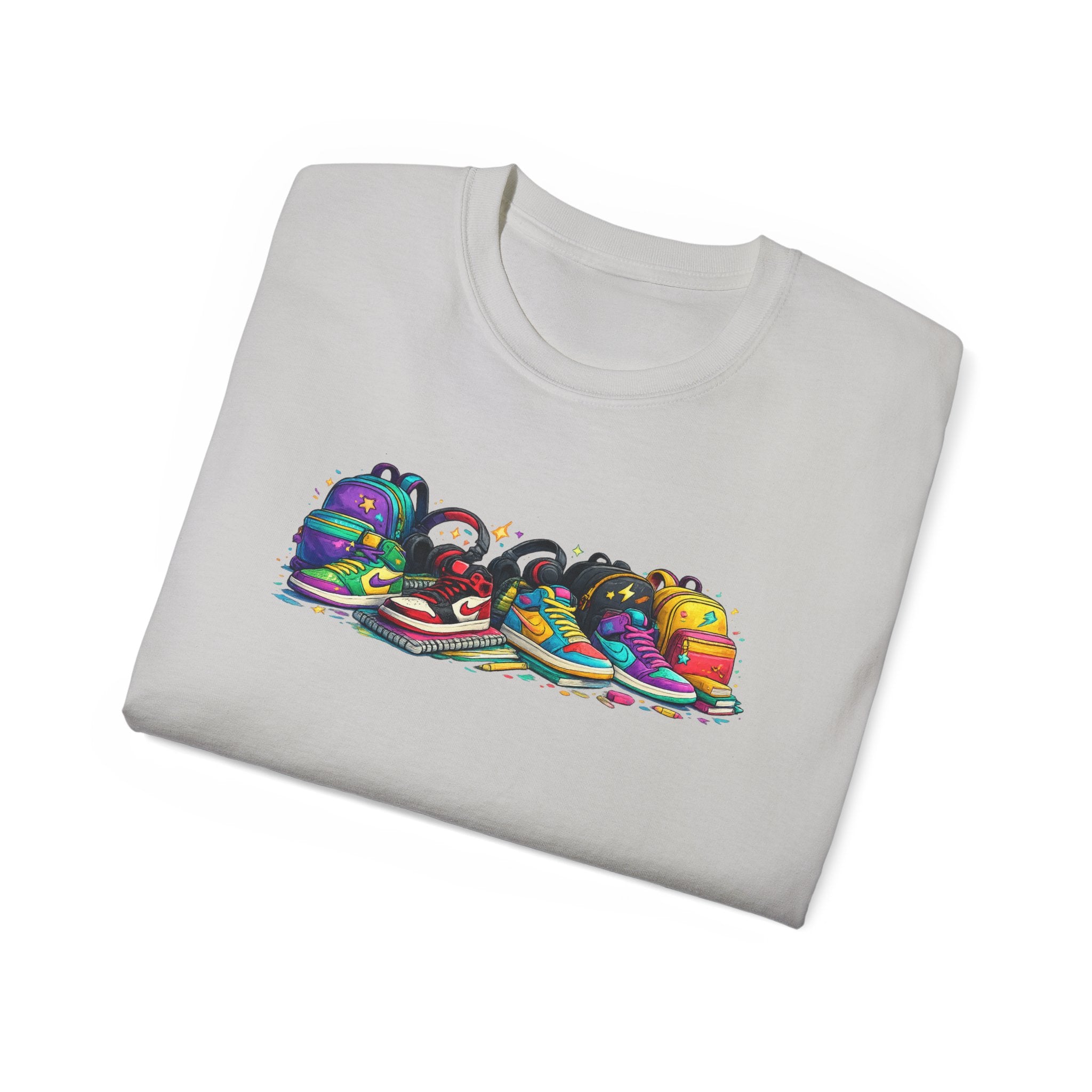 Colorful Sneaker Stack Tee — Graphic Shoe & Backpack Illustration T‑Shirt