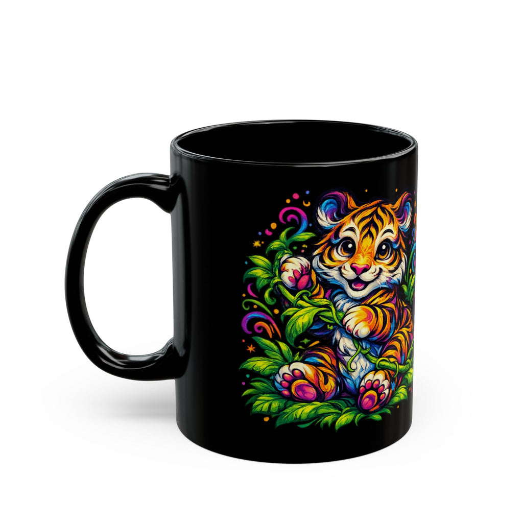 Colorful Baby Tiger Black Mug — Vibrant Neon Animal Coffee Cup (11oz/15oz)