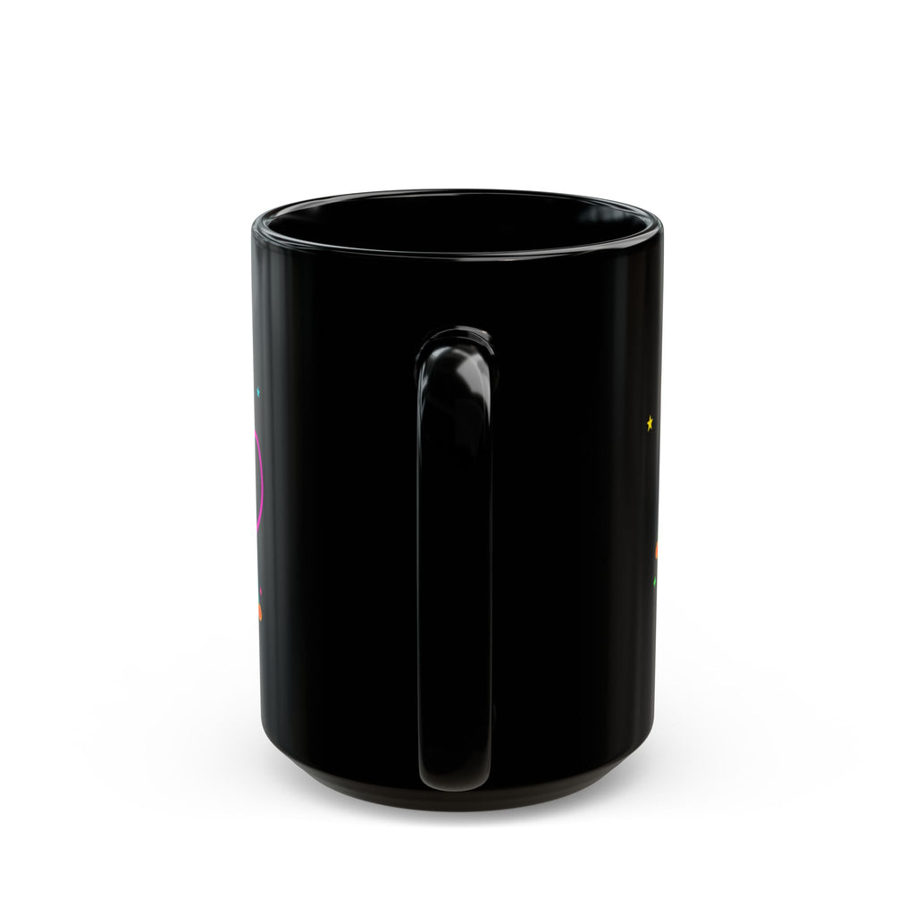 Neon Cat Black Mug — Colorful Retro Cat Coffee Cup (11oz/15oz)