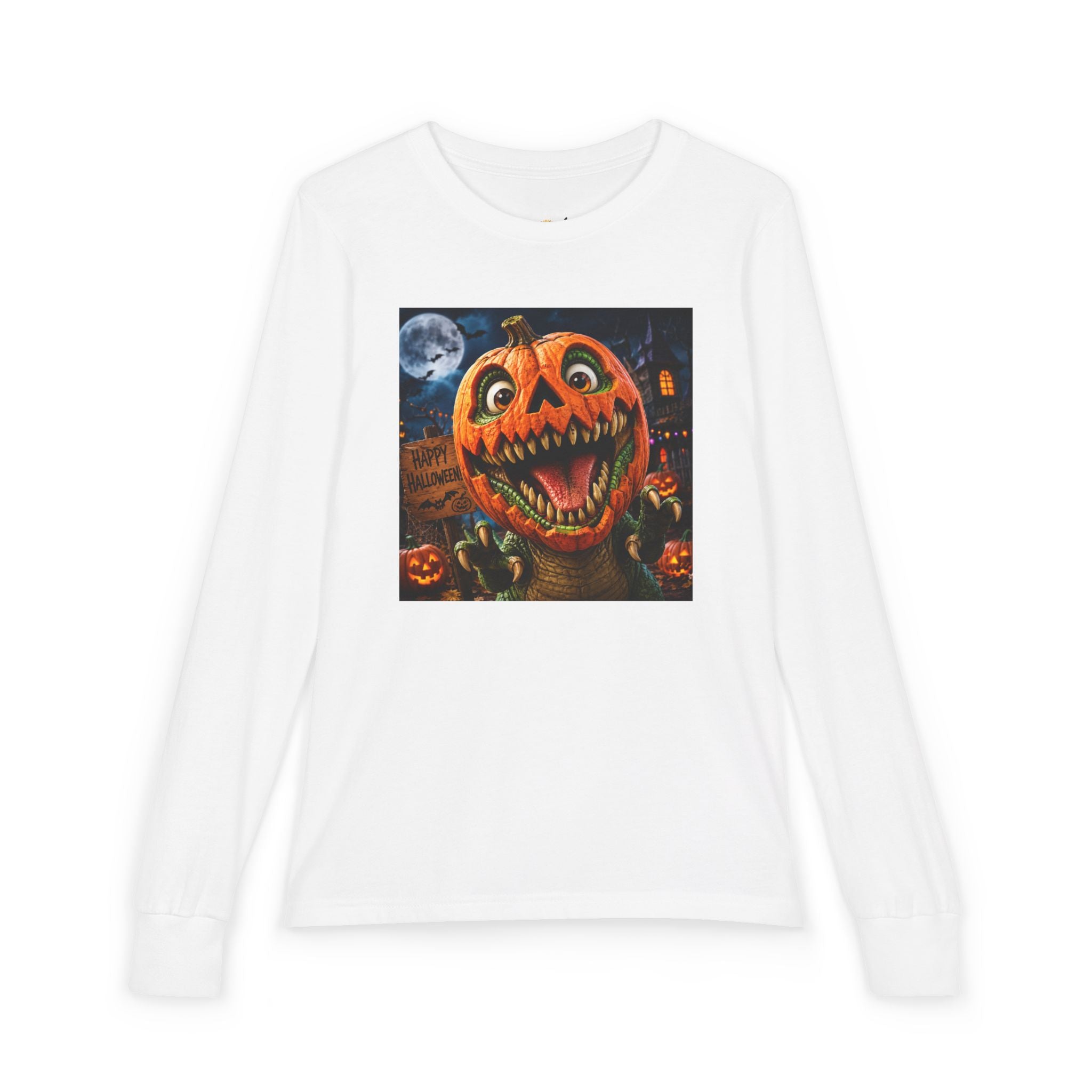 Youth Long Sleeve Tee — Spooky Dinosaur Jack-O'-Lantern Halloween Shirt (Custom Name)