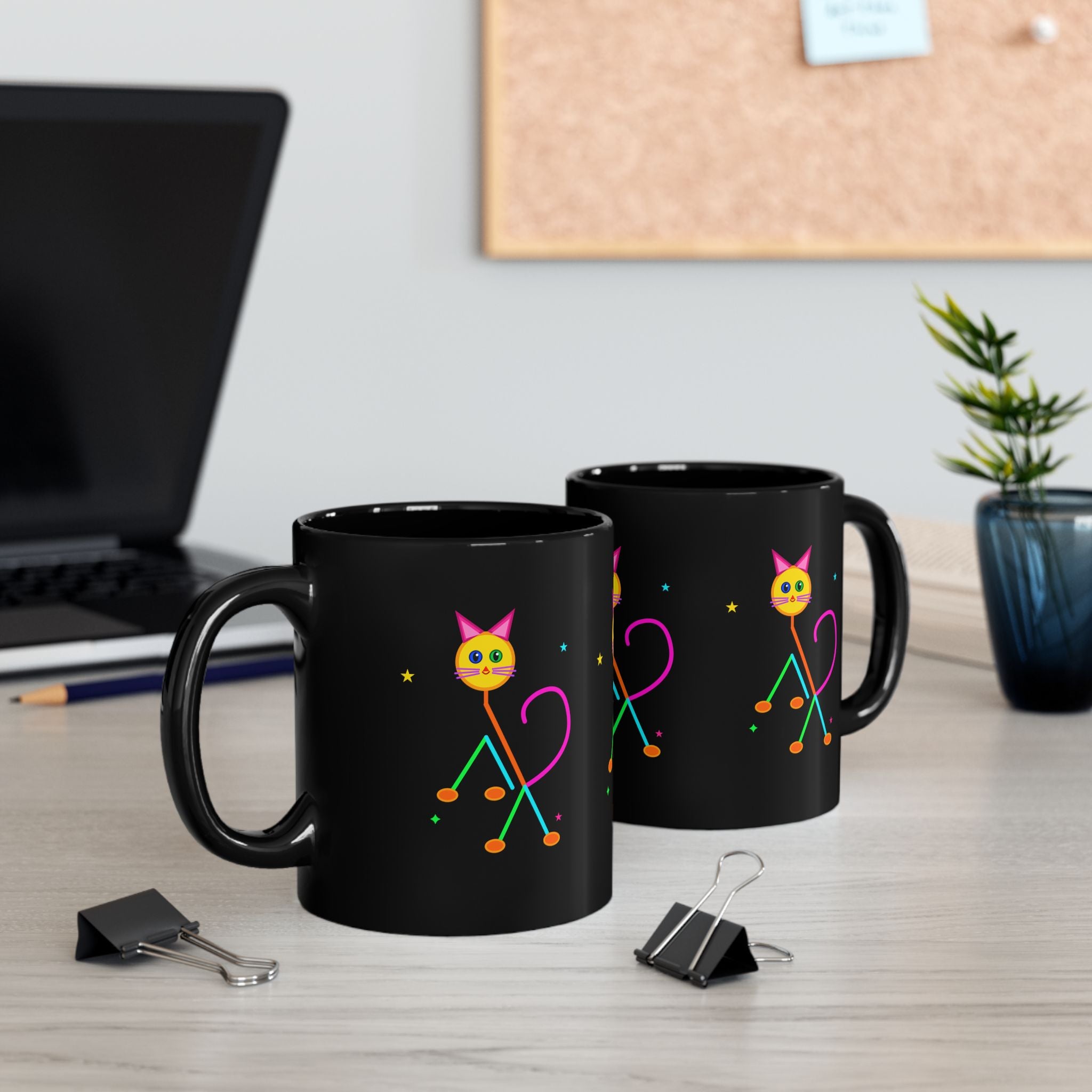 Neon Cat Black Mug — Colorful Retro Cat Coffee Cup (11oz/15oz)