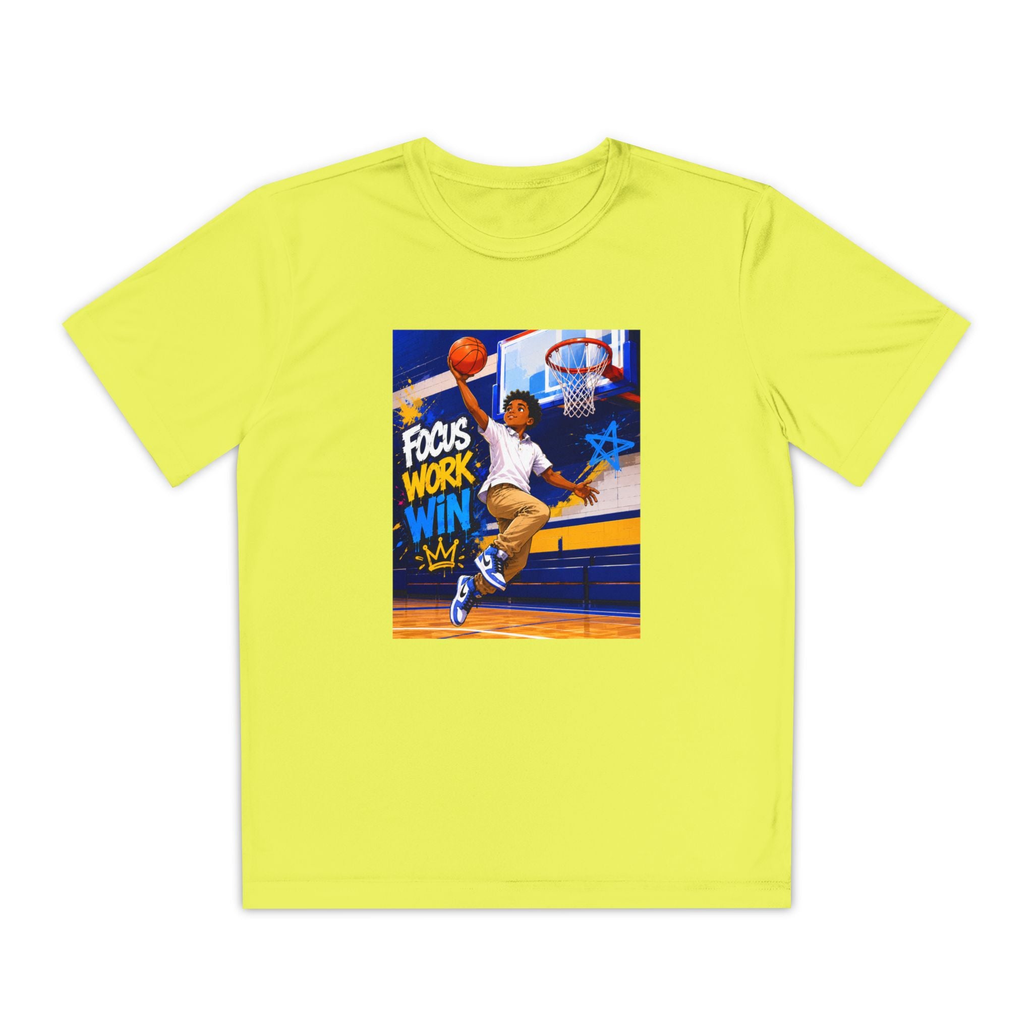 Youth Basketball Tee, Back to School — "Focus Work Win" Personalized Name Jersey