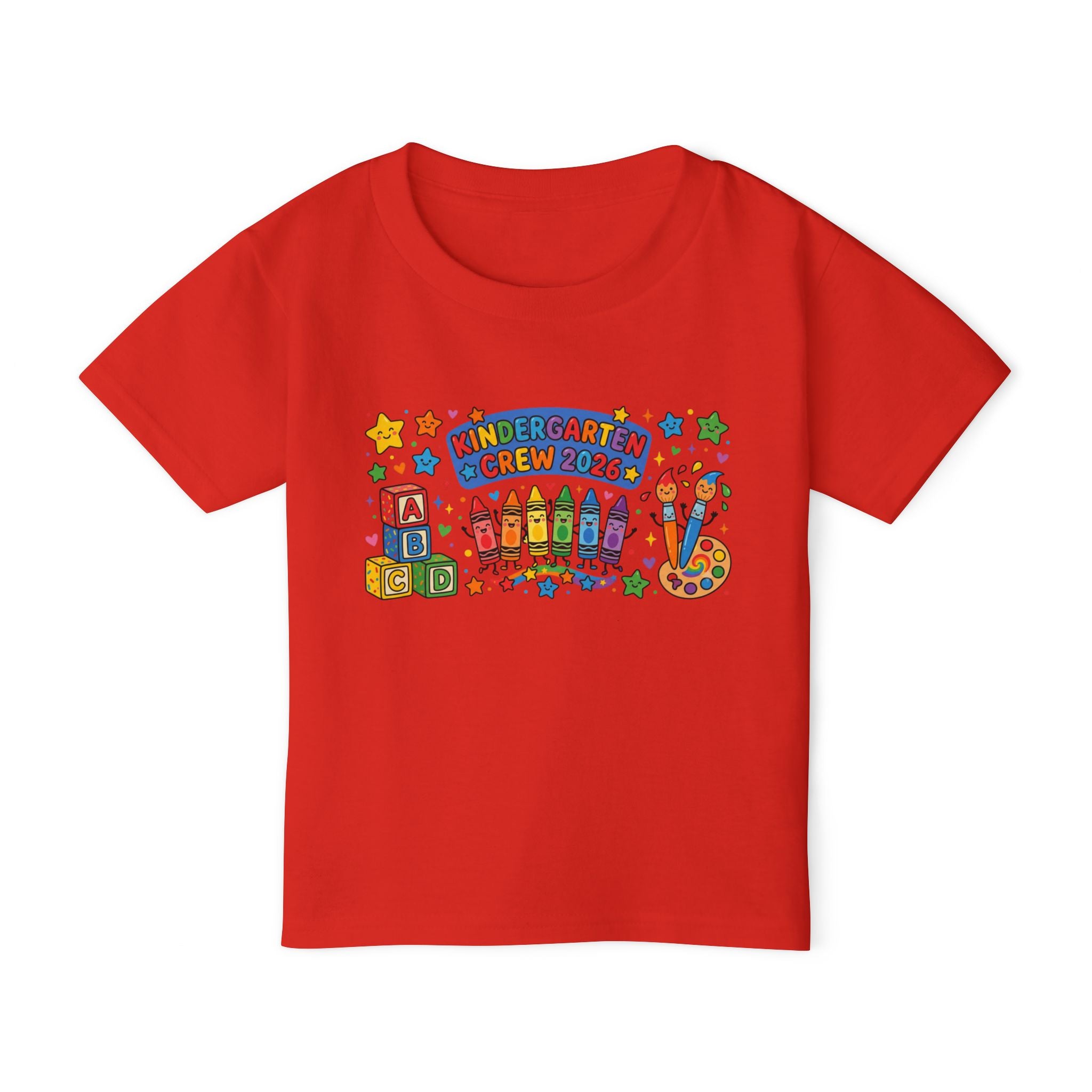 Toddler T-Shirt — "Kindergarten Crew 2026" Colorful Crayons & Blocks Back-to-School Tee