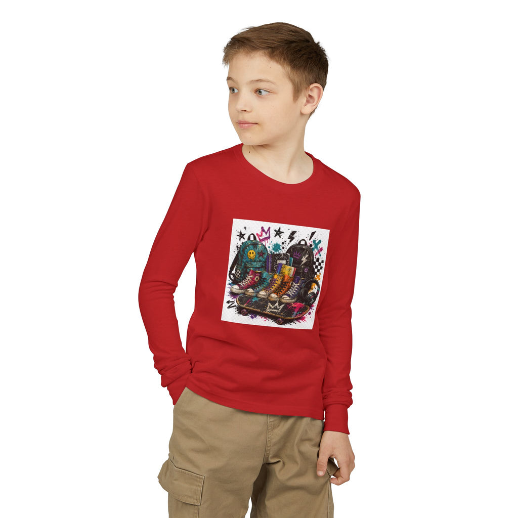 Youth Long Sleeve Tee — Colorful Skateboard & Sneakers Graphic