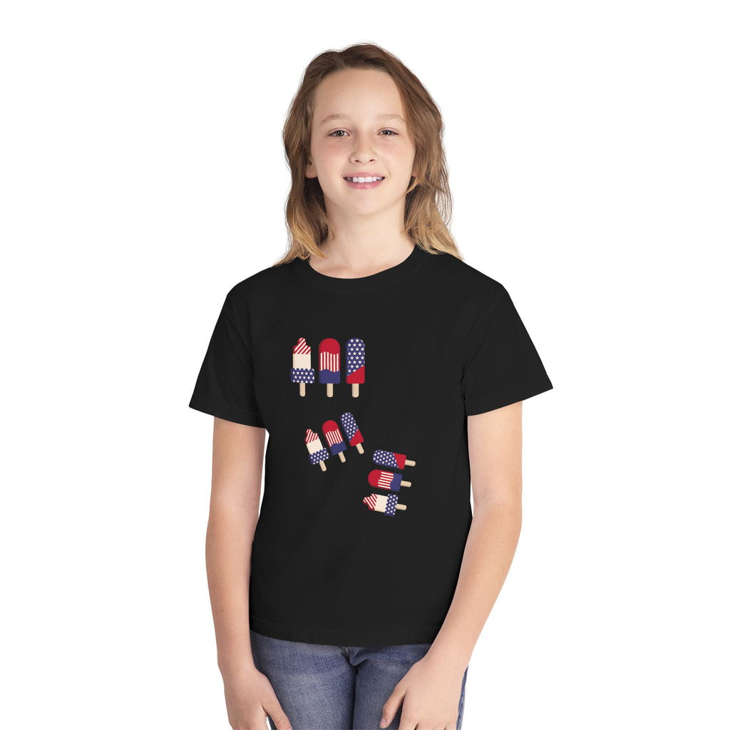 Youth Ice Pop Tee — Patriotic American Flag Popsicle Kids T‑Shirt (Custom Name Option)