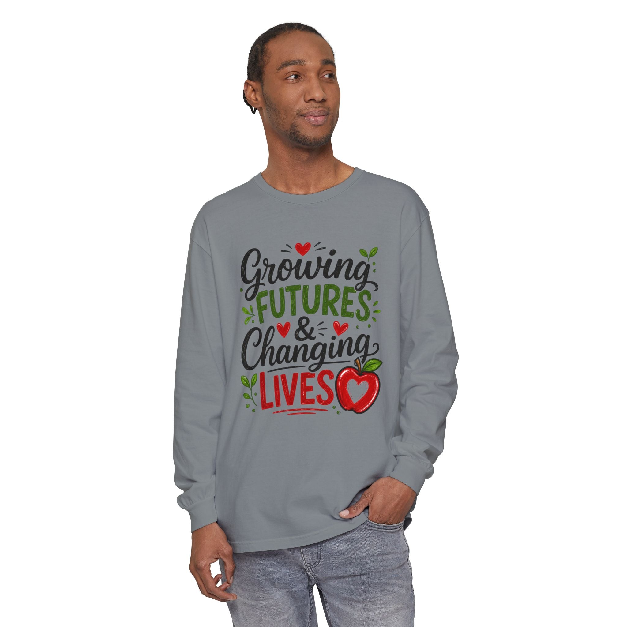 Growing Futures & Changing Lives Long Sleeve Tee — Teacher Appreciation Apple Design