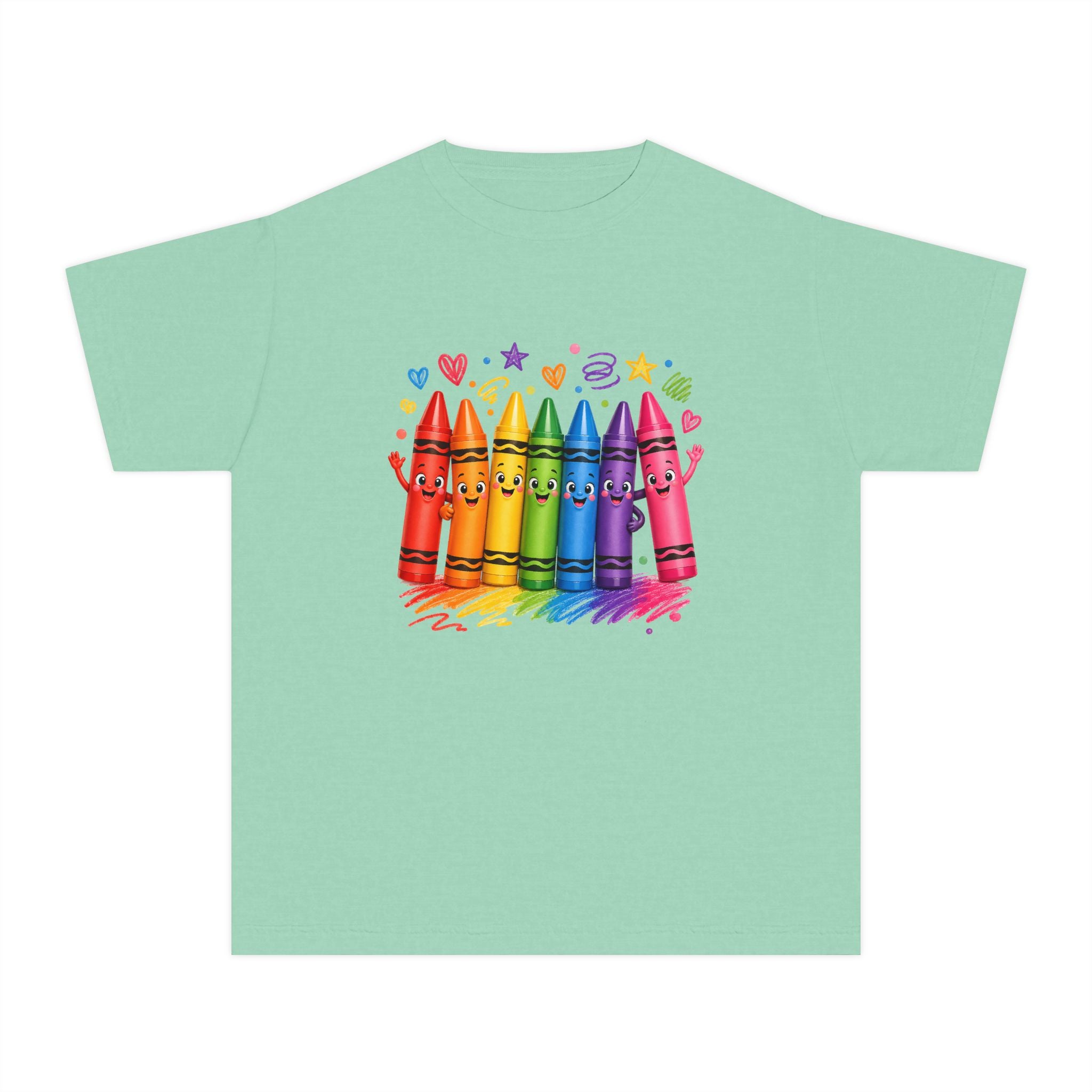 Crayon Crew Kids T‑Shirt — Colorful Rainbow Crayon Friends Tee