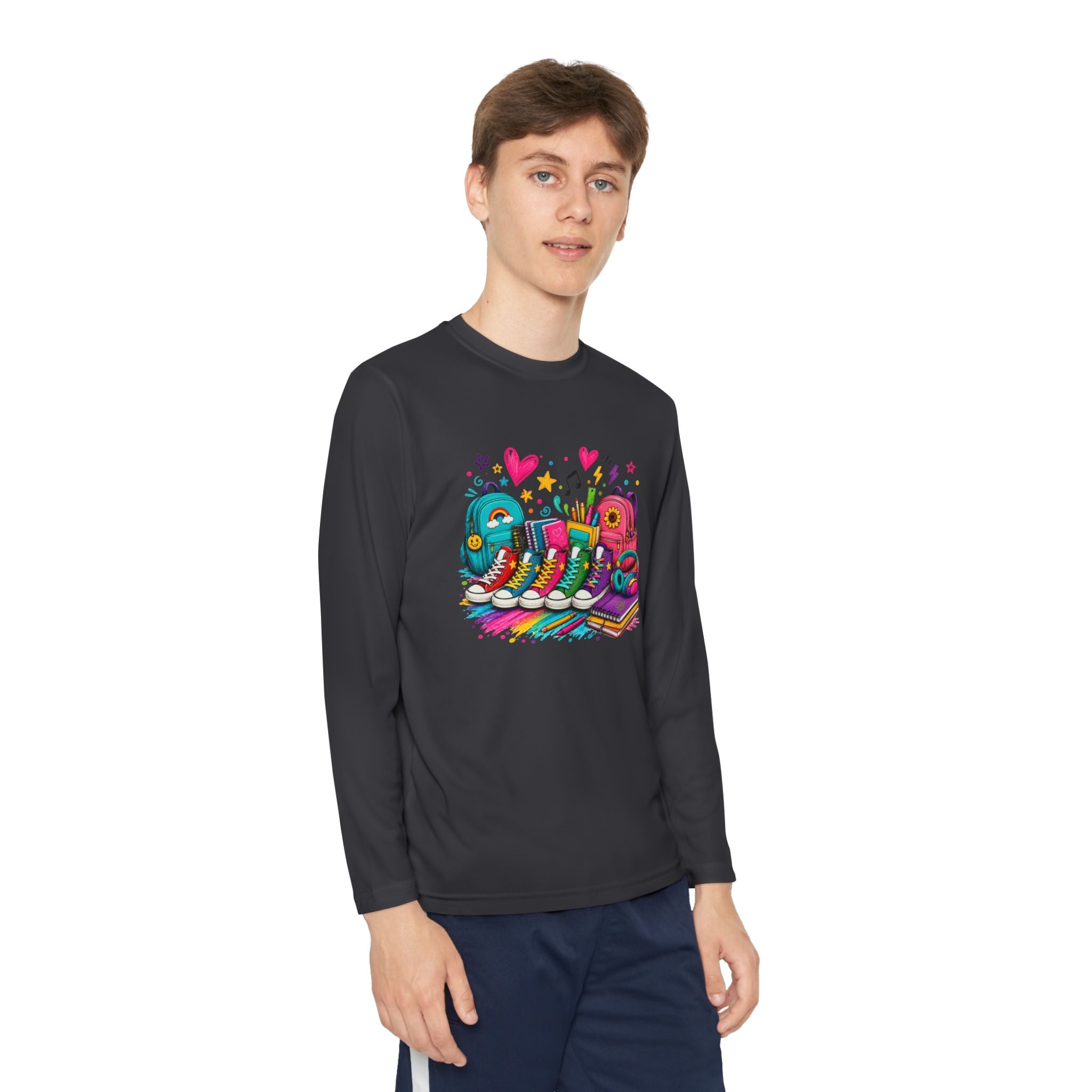 Youth Long Sleeve Tee — Colorful Sneaker Party Graphic
