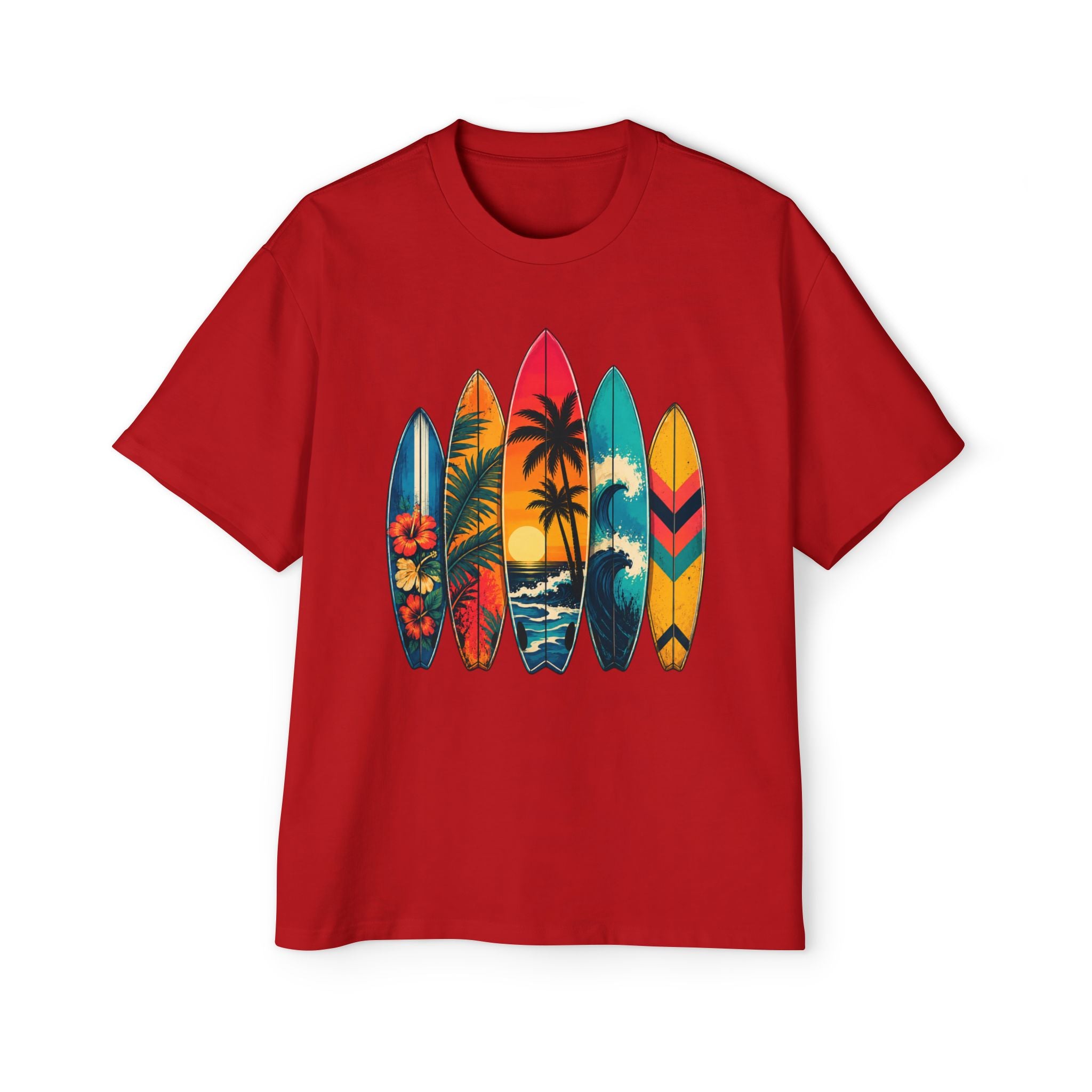 Surfboard Graphic Tee — Vintage Tropical Beach Shirt for Men