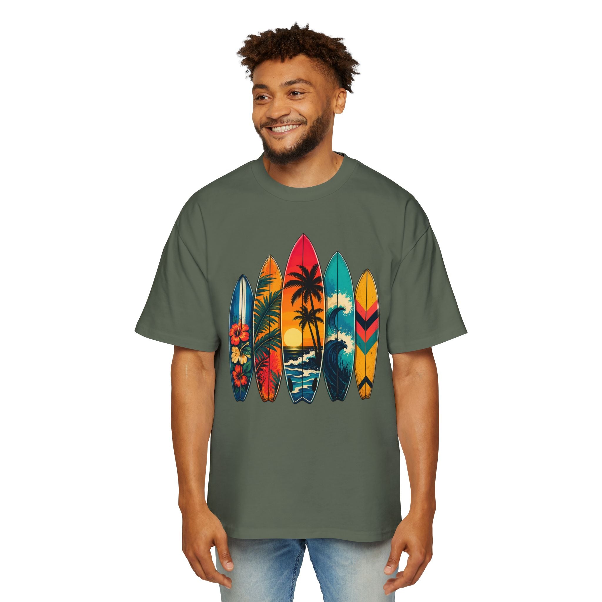 Surfboard Graphic Tee — Vintage Tropical Beach Shirt for Men