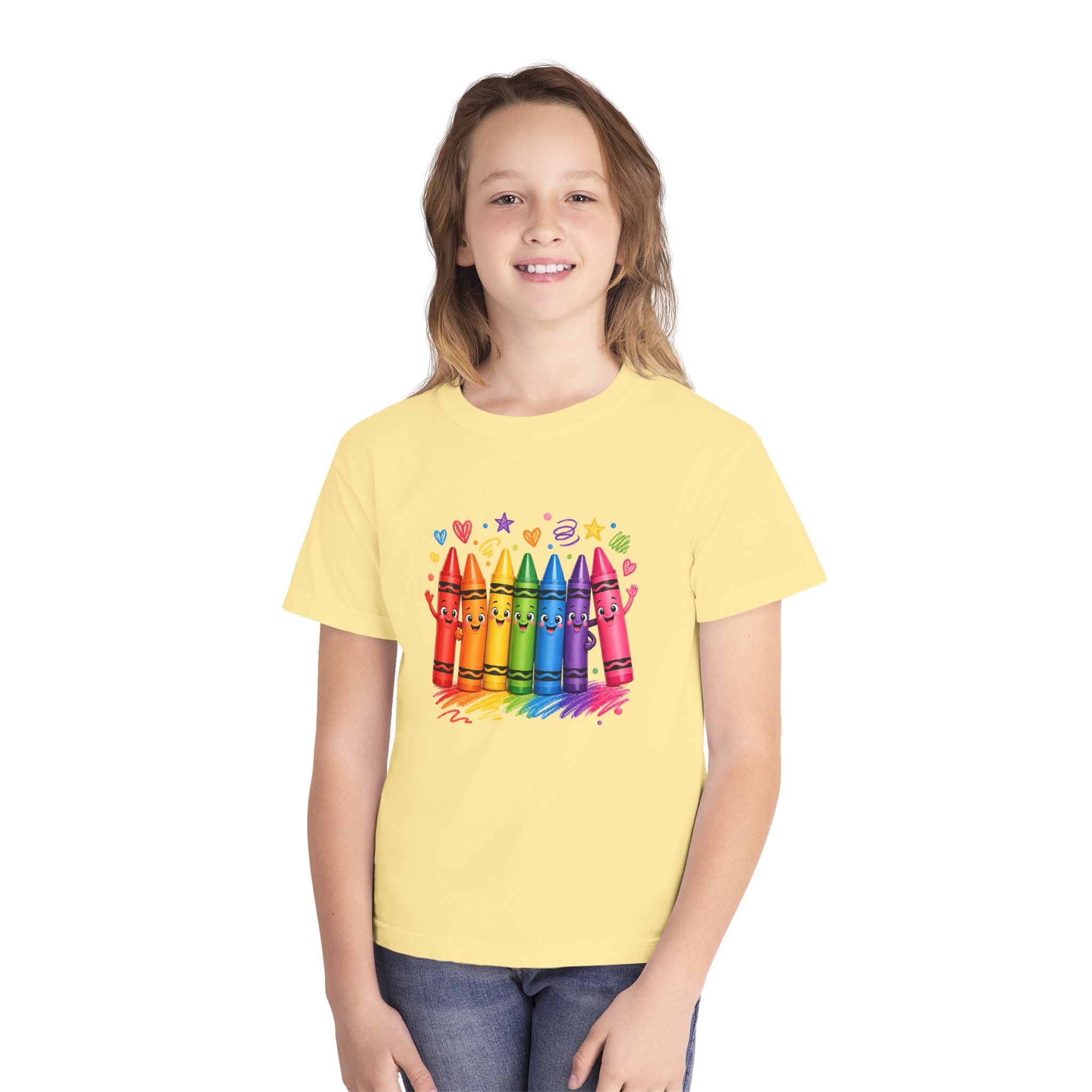 Crayon Crew Kids T‑Shirt — Colorful Rainbow Crayon Friends Tee
