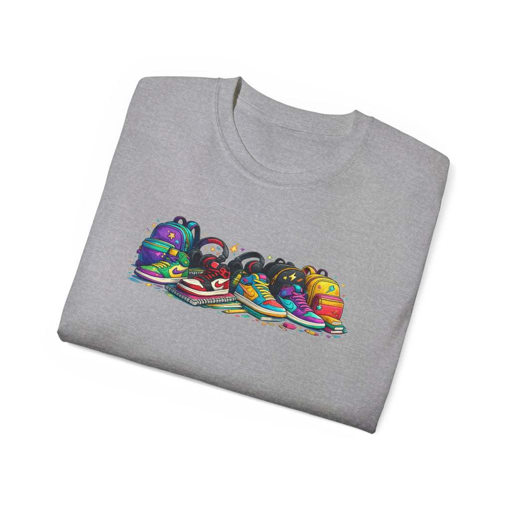 Colorful Sneaker Stack Tee — Graphic Shoe & Backpack Illustration T‑Shirt