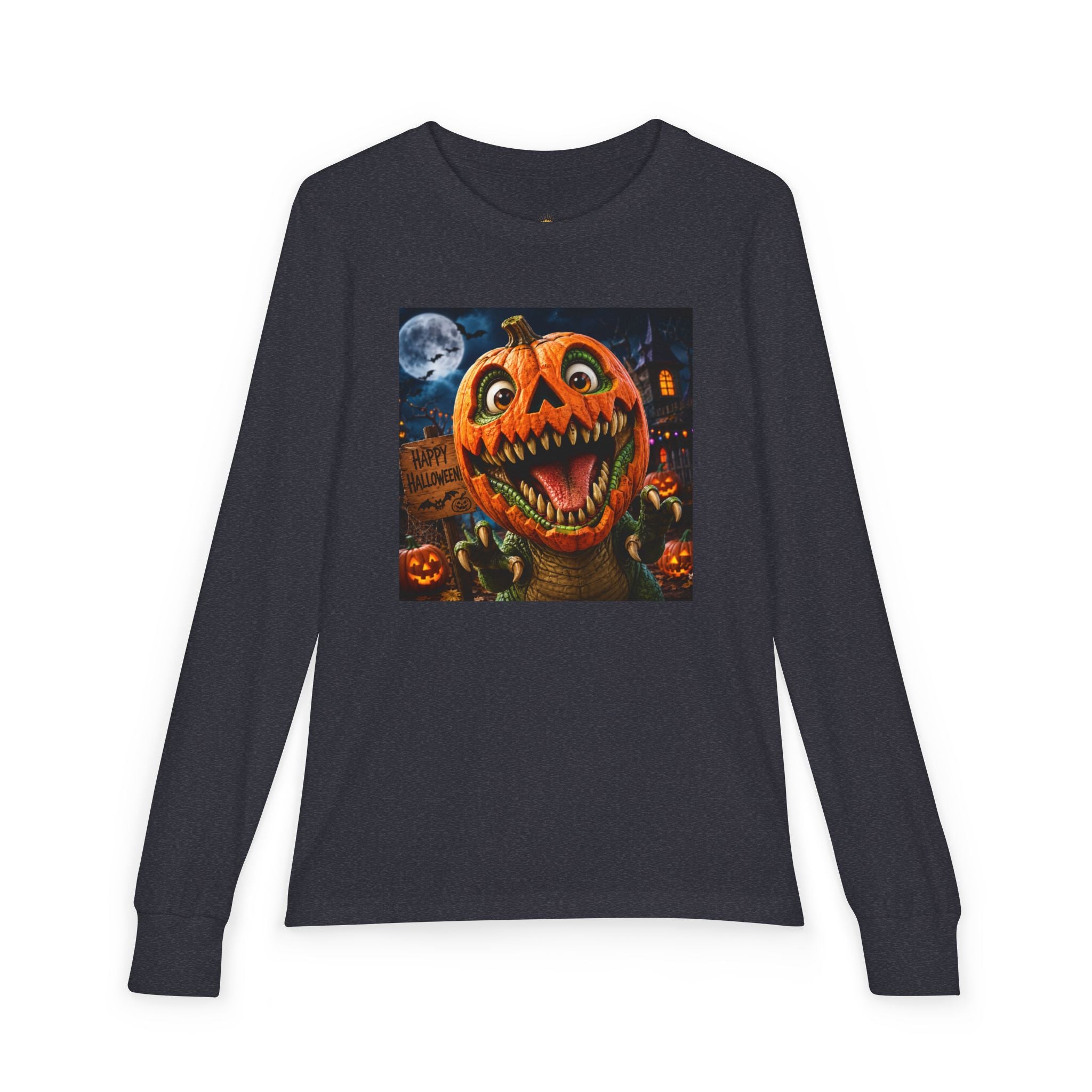 Youth Long Sleeve Tee — Spooky Dinosaur Jack-O'-Lantern Halloween Shirt (Custom Name)