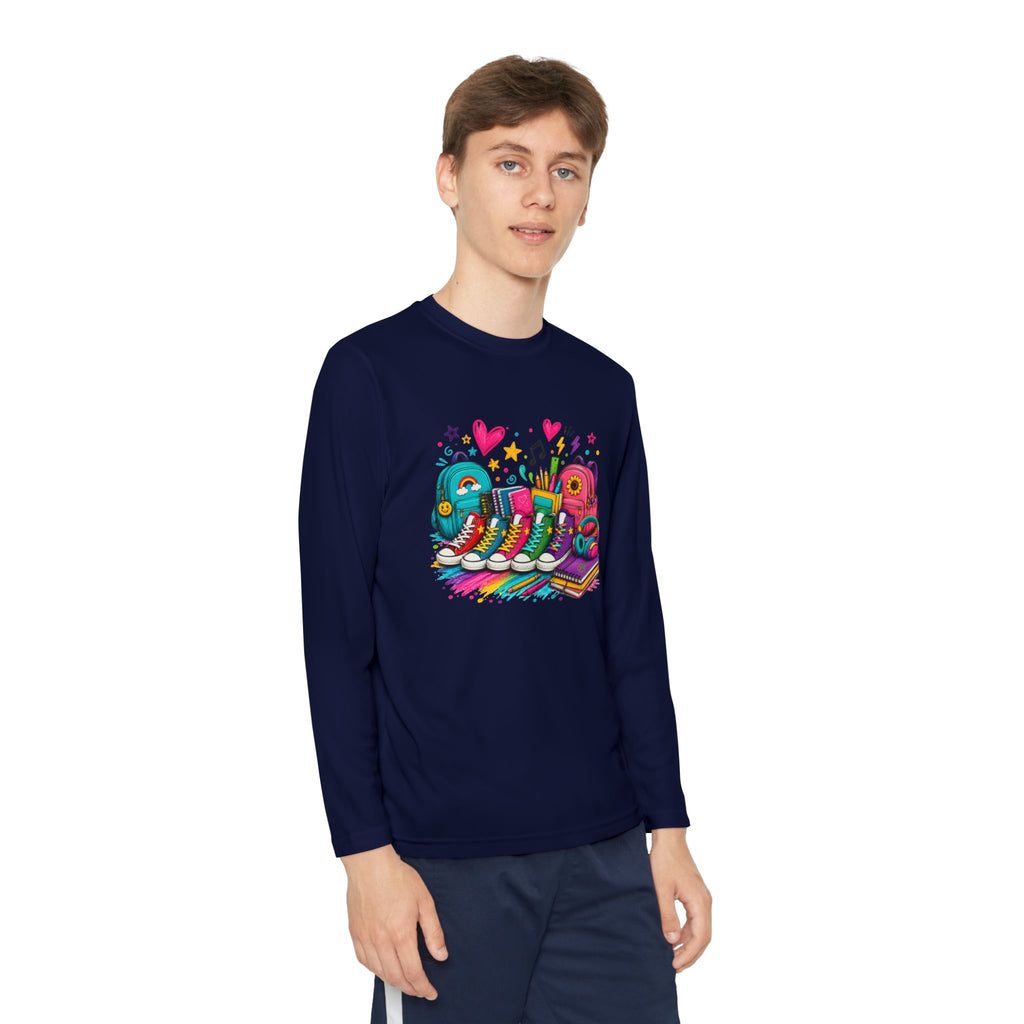 Youth Long Sleeve Tee — Colorful Sneaker Party Graphic