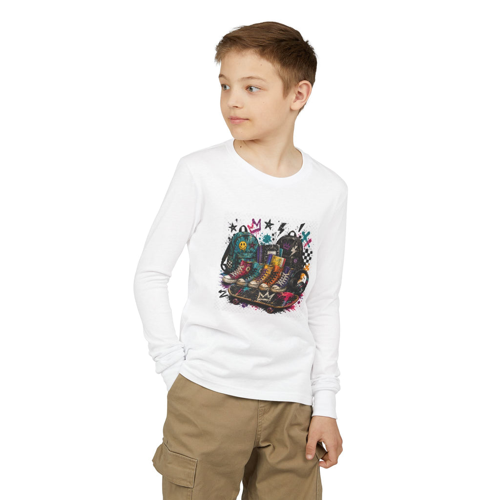 Youth Long Sleeve Tee — Colorful Skateboard & Sneakers Graphic