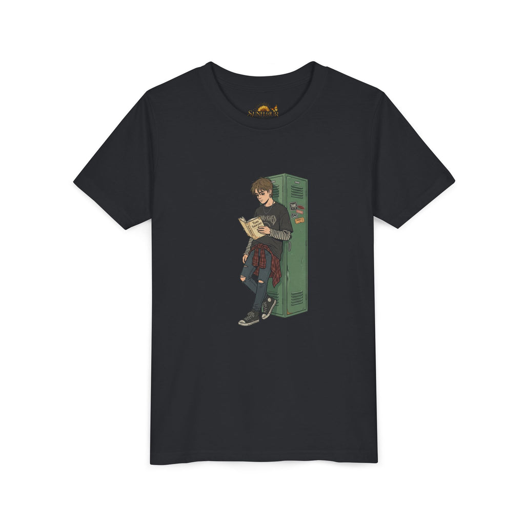 Youth Graphic Tee — Teen Boy Reading by Locker Illustration